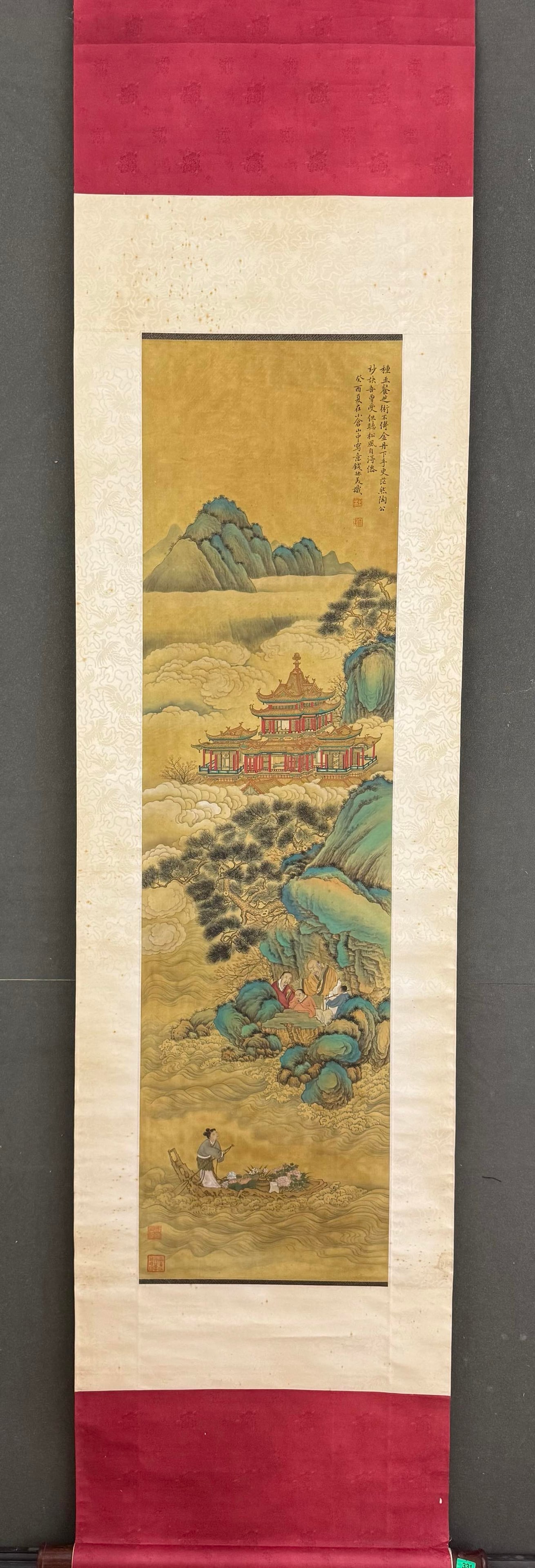 A Chinese Vertical Scroll Ink Painting of Landscape and Figure on Silk: A Chinese Vertical Scroll Ink Painting of Landscape and Figure on Silk,Qian du,Size:48.8inx13in,一幅中国水墨绢本山水人物画