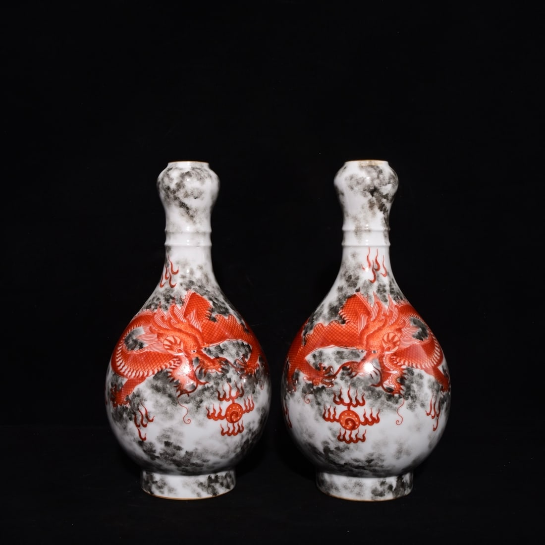 A Pair of Exquisite Ink Color Iron-Red Dragon Pattern Vases, (1 of 9)