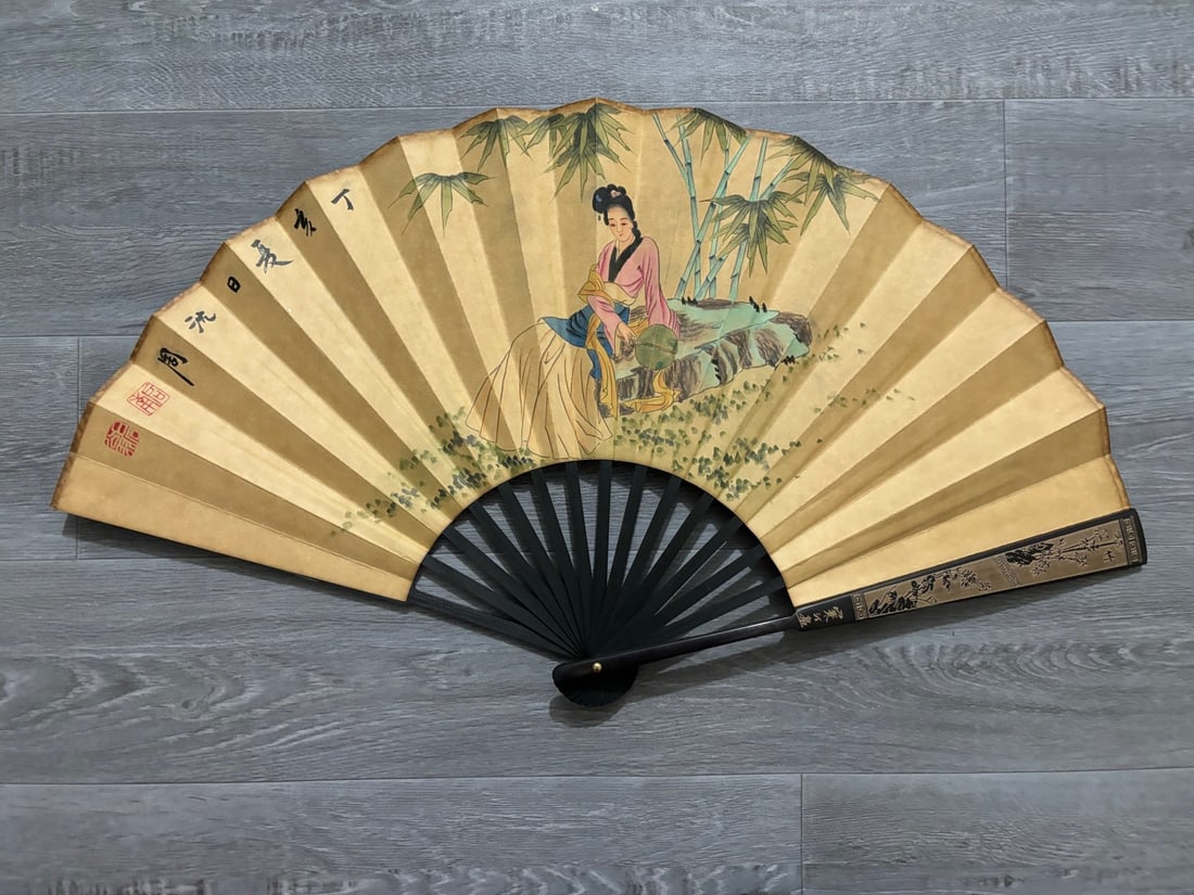 A Chinese Ink Painting Fan with Character and Story Motif: A Chinese Ink Painting Fan with Character and Story Motif,Shen zhou,Size:23.6inx13in,一把中国水墨人物故事画扇子,沈&#