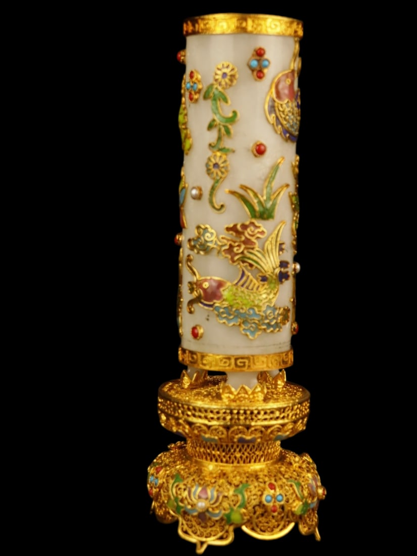 An Exquisite Filigree and Gilding Inlaid White Jade Brush Pot,Inlaid Gems (1 of 9)