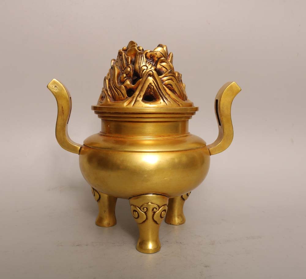 An Exquisite Gilt Bronze Double-Ears Tripod Censer: An Exquisite Gilt Bronze Double-Ears Tripod Censer,Ming Dynasty,China,With