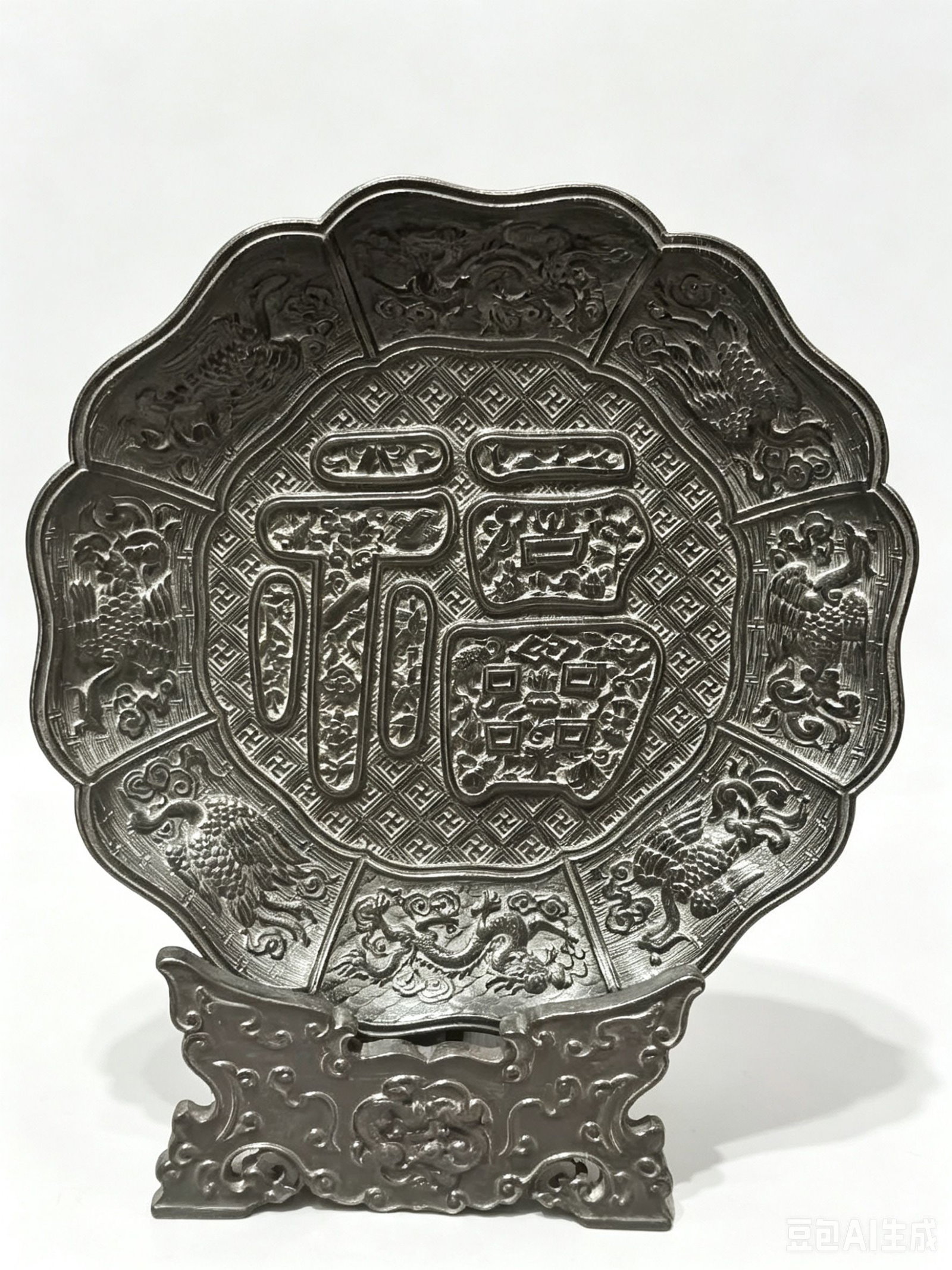An Exquisite Zitanwood Auspicious Animal Pattern with Fu Character Plate: An Exquisite Zitanwood Auspicious Animal Pattern with Fu Character Plate,Qing