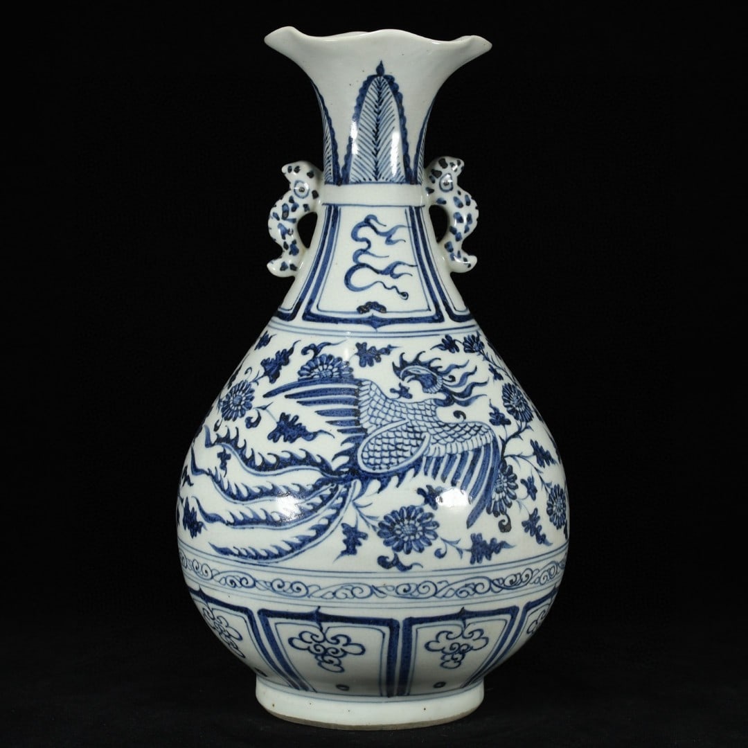 An Exquisite Blue and White Lotus Pattern Phoenix Pattern Dragon-Ears Vase: An Exquisite Blue and White Lotus Pattern Phoenix Pattern Dragon-Ears Vase,Yuan