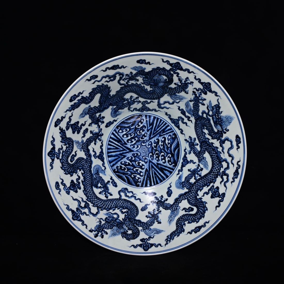 An Exquisite Blue and White Dragon Pattern Seawater Pattern Bowl,: An Exquisite Blue and White Dragon Pattern Seawater Pattern Bowl,Ming Dynasty, China,Xuande Six-character Mark,Size:5.3inx17.7in 青花龙纹海水纹碗