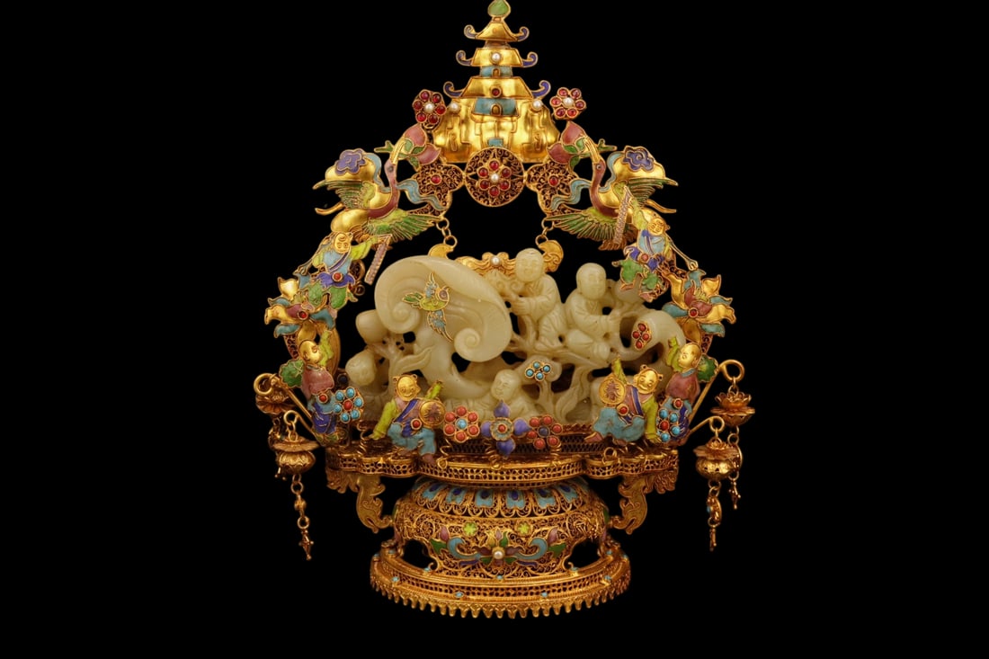 An Exquisite Filigree and Gilding Inlaid White Jade Figure Ornament,Inlaid Gems: An Exquisite Filigree and Gilding Inlaid White Jade Figure Ornament,Inlaid Gems,Qing Dynasty,China,with Qianlong Four-character
