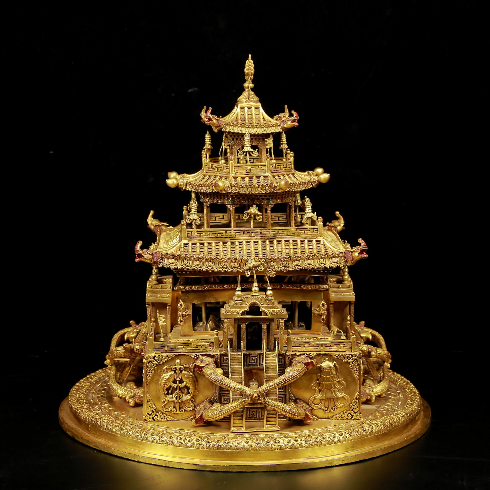 A Rare Gilt Bronze Inlaid Turquoise Altar City: A Rare Gilt Bronze Inlaid Turquoise Altar City,Qing Dynasty,China,Qianlong Mark,Size:16.5inx18.9in 铜鎏金嵌绿松石坛城,中国清
