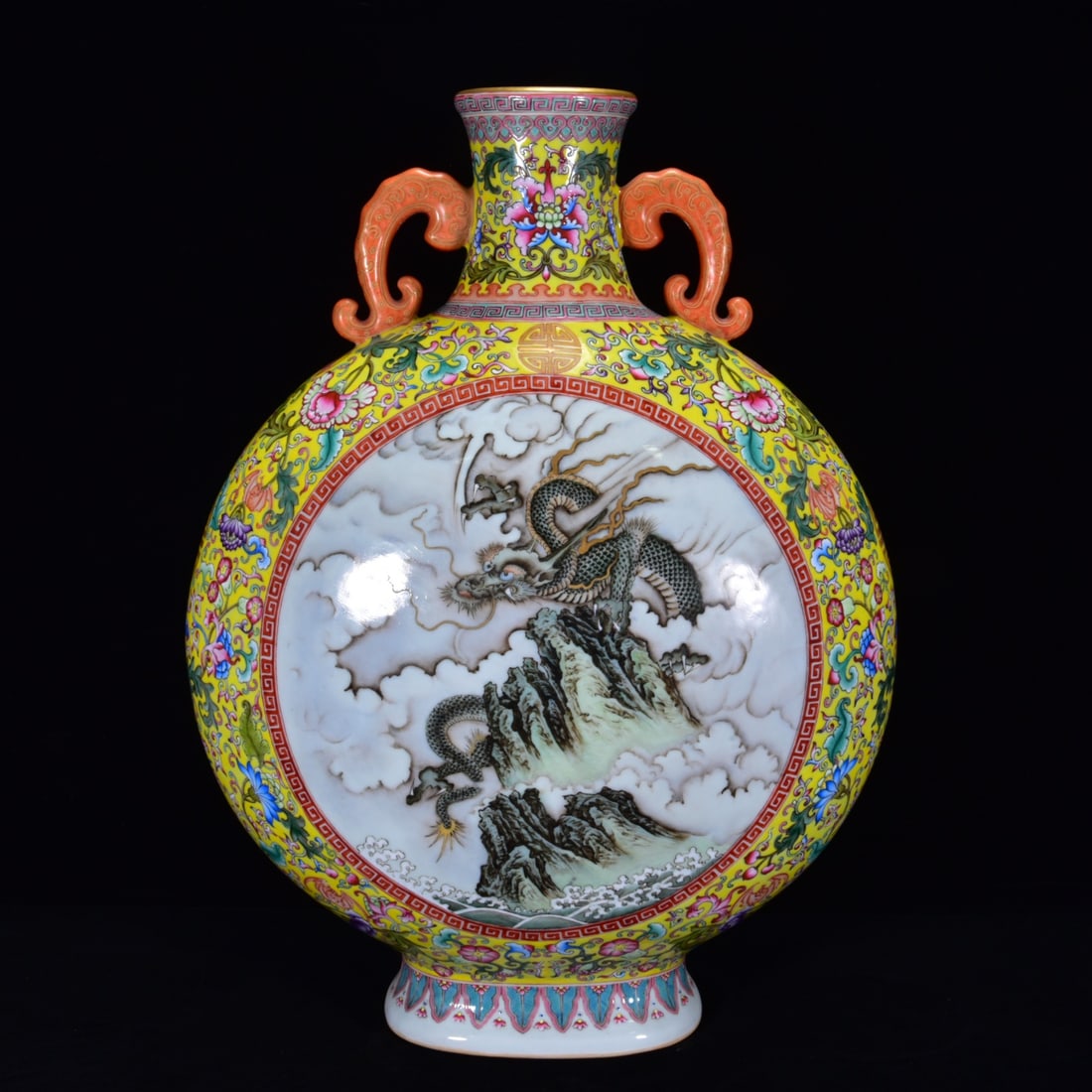 An Exquisite Famille-Rose Dragon Pattern Double-Ears Vase: An Exquisite Famille-Rose Dragon Pattern Double-Ears Vase,Qing Dynasty,China,with Qianlong Six-character