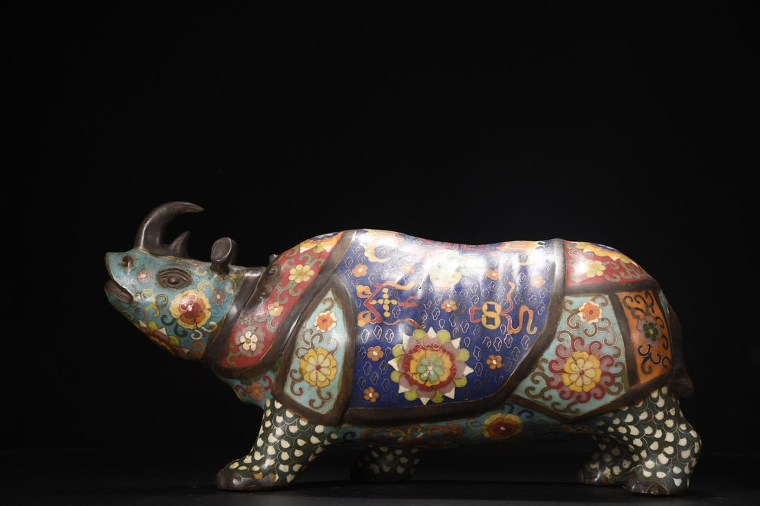 An Exquisite Cloisonne Lotus Pattern Rhinoceros Ornament: An Exquisite Cloisonne Lotus Pattern Rhinoceros Ornament,Qing Dynasty,China,with Qianlong Four-character