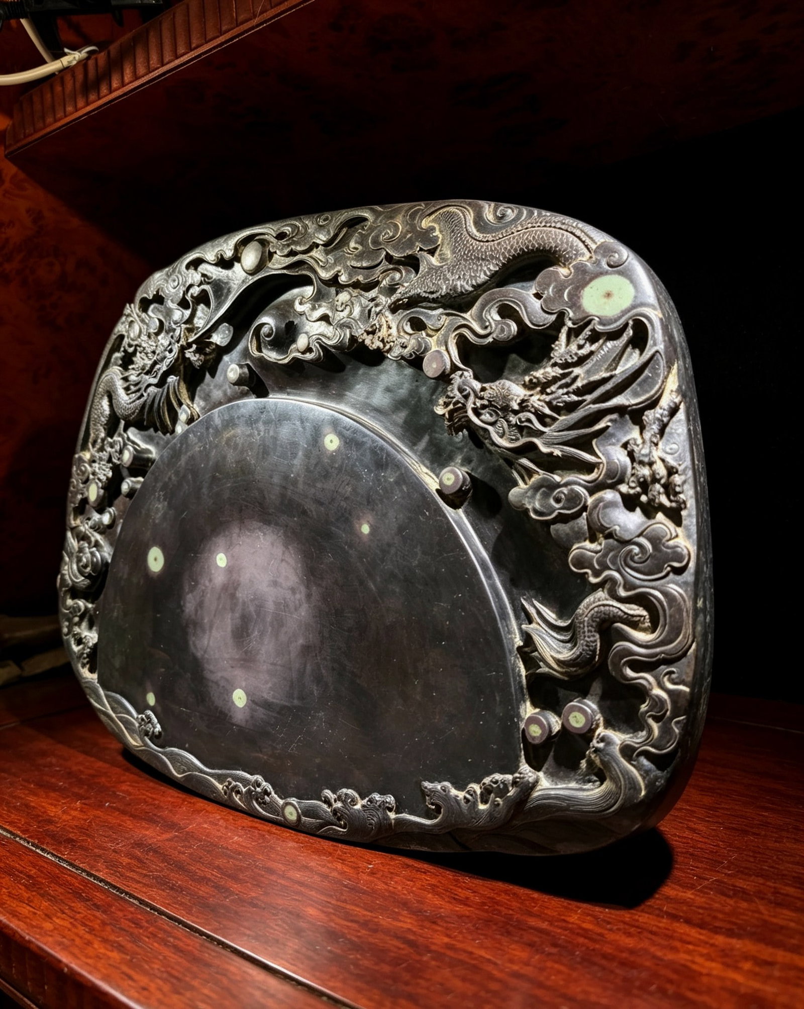 An Exquisite Auspicious Cloud Dragon Pattern Inkstone: An Exquisite Auspicious Cloud Dragon Pattern Inkstone,Qing Dynasty,China,With