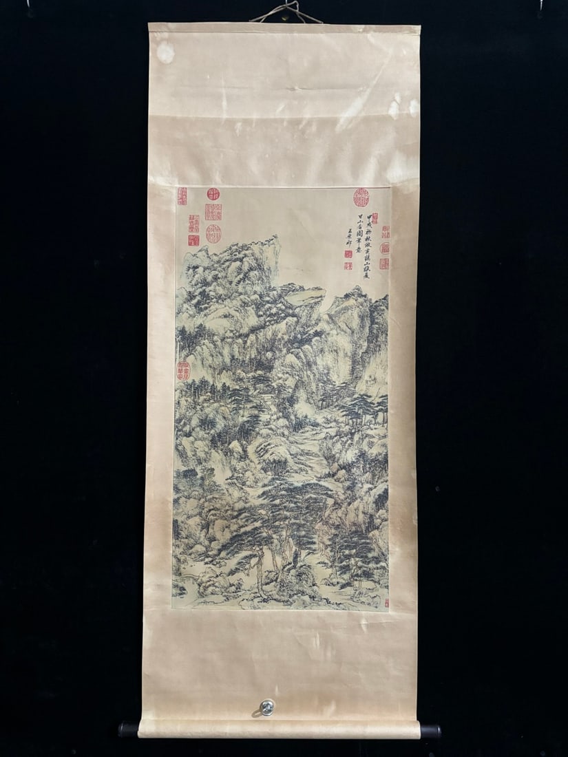 A Chinese Vertical Scroll Ink Painting of Landscape on Paper: A Chinese Vertical Scroll Ink Painting of Landscape on Paper,Wang yuanqi,Size:(entirety)57.1inx22in,(Without frame)33.5inx17.3in,一幅中国水墨山水画