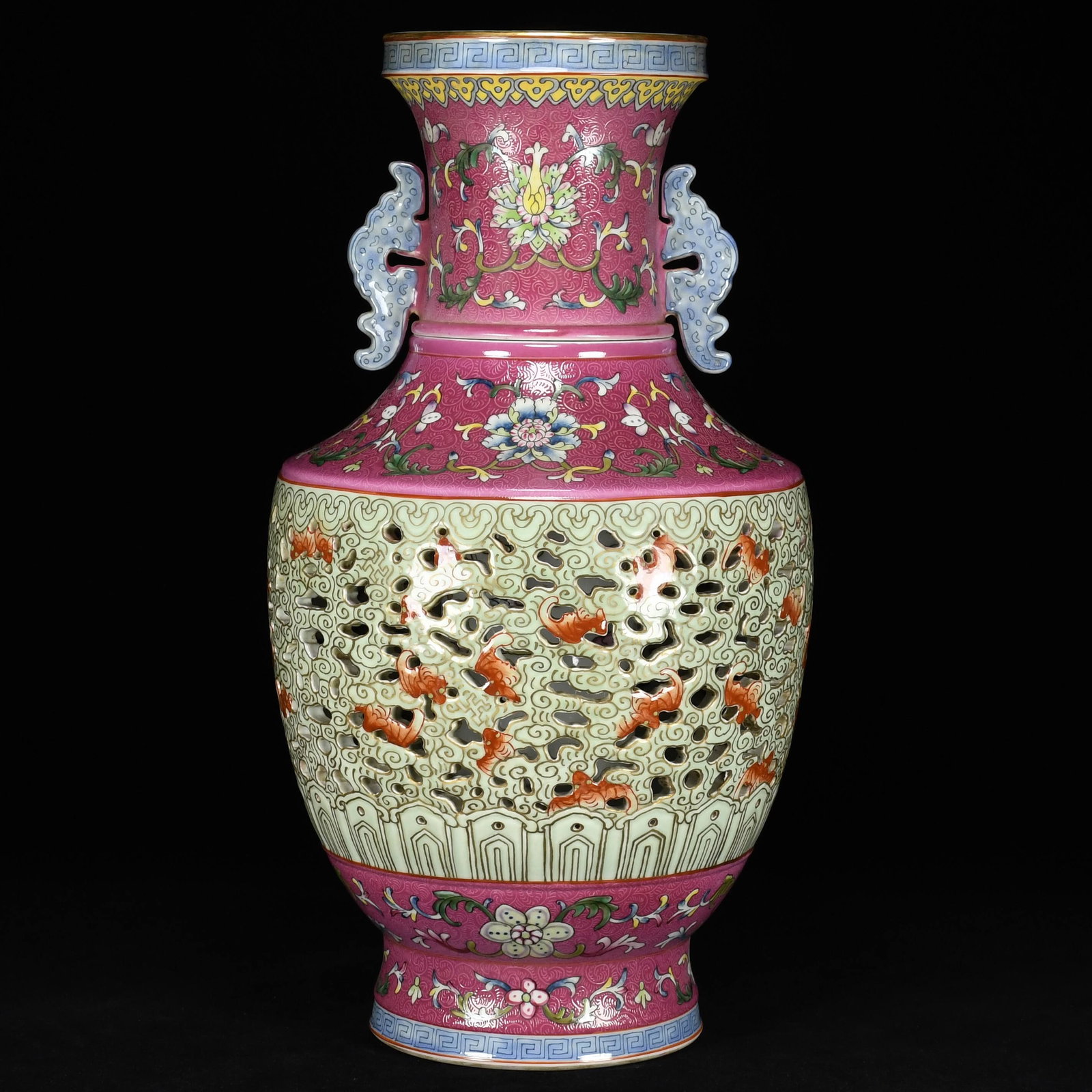 An Exquisite Enamel Lotus Pattern Bats Pattern Double-Ears Vase: An Exquisite Enamel Lotus Pattern Bats Pattern Double-Ears Vase,Qing Dynasty,China,with Qianlong Six-character Mark,Size:18.9inx11in,珐琅彩缠枝莲纹蝙