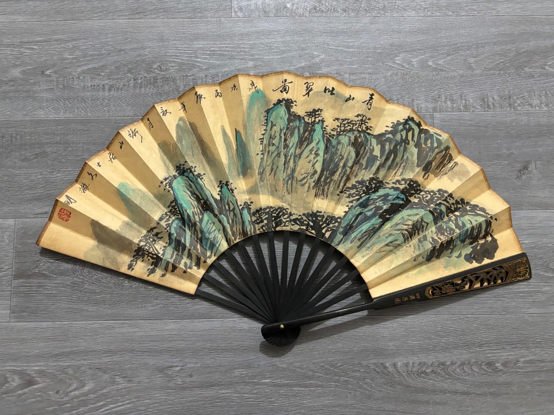 A Chinese Ink Painting Fan with Landscape Motif: A Chinese Ink Painting Fan with Landscape Motif,Wen zhengming,Size:23.6inx13in,一把中国水墨山水画扇子,文徴明