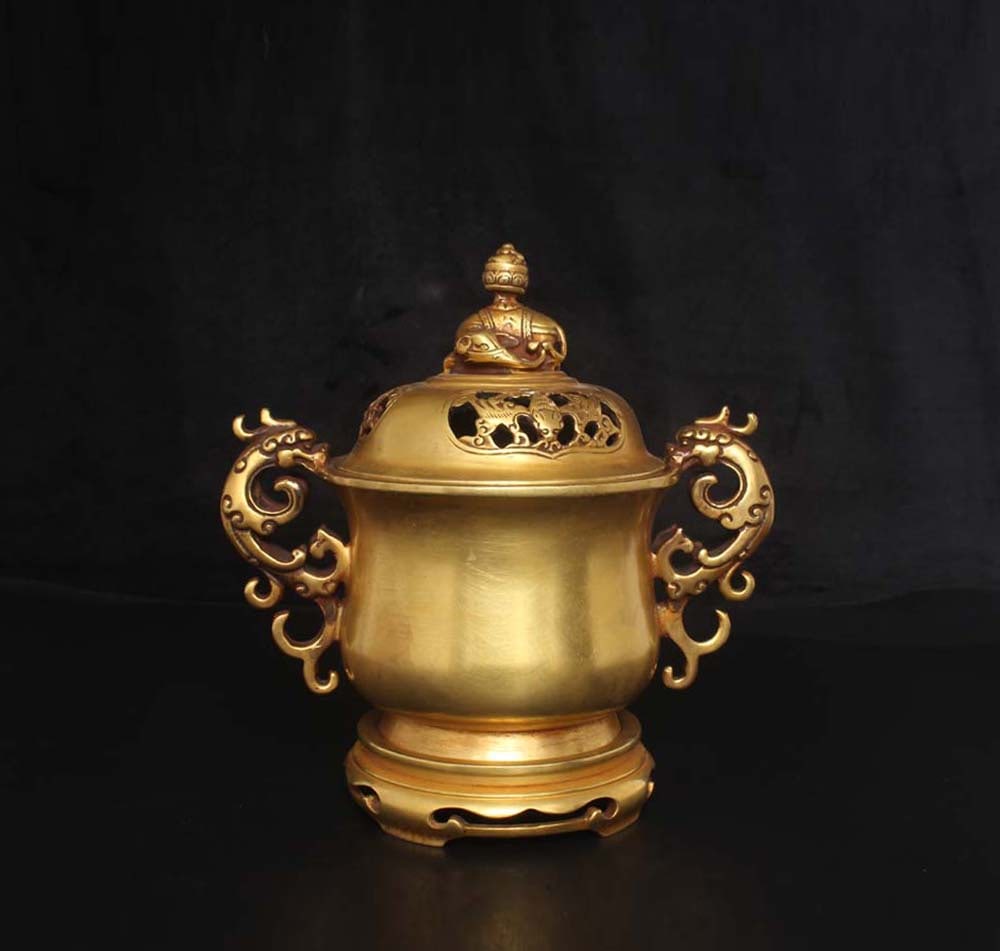 An Exquisite Gilt Bronze Beast Pattern Dragon-Ears Censer: An Exquisite Gilt Bronze Beast Pattern Dragon-Ears Censer,Ming Dynasty,China,with Xuande