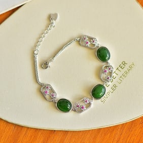 An Exquisite Sterling Silver Inlaid Jasper Bracelets,Inlaid Diamond