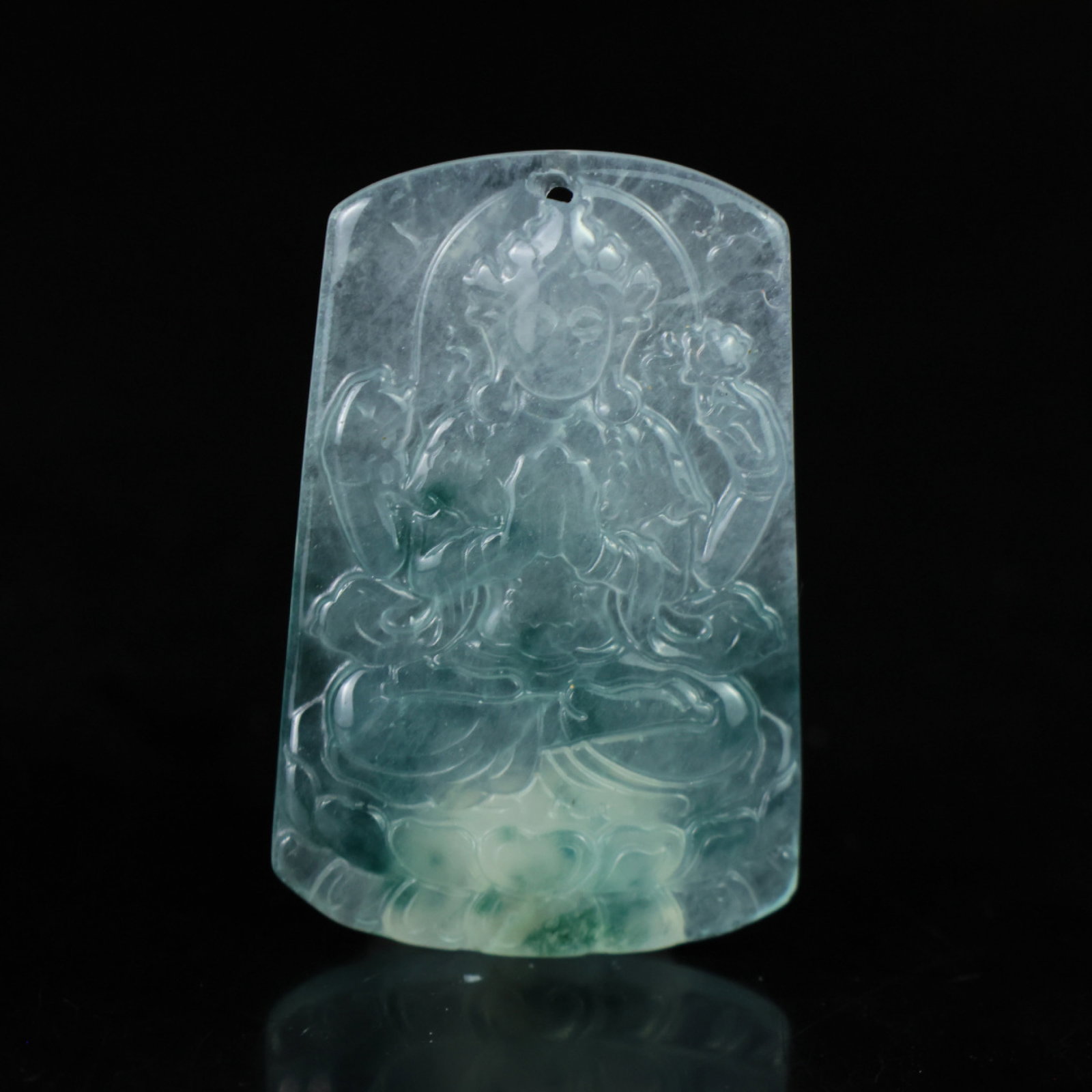 An Exquisite Jadeite Avalokitesvara Pattern Pendant: An Exquisite Jadeite Avalokitesvara Pattern Pendant,Size:51mmx41mmx6mm 翡翠观音像纹挂件
