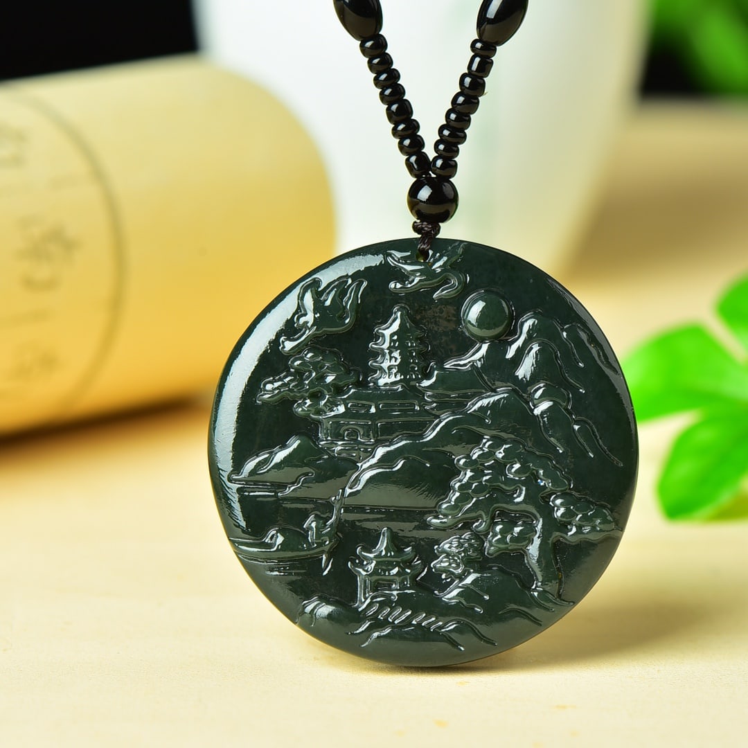 An Exquisite Sapphire Landscape and Figure Pattern Pendant: An Exquisite Sapphire Landscape and Figure Pattern Pendant,Size:50mmx50mm