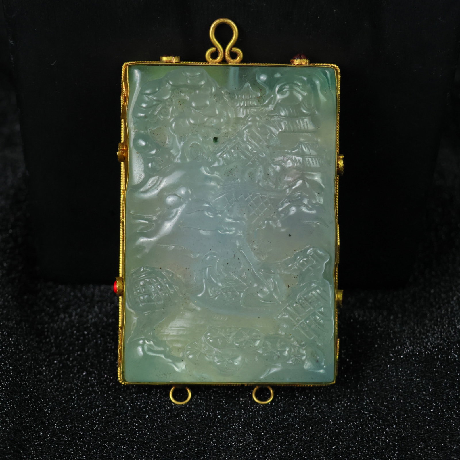 An Exquisite Jadeite Cover with Gold Landscape Pattern Pendant,Inlaid Gems,With Poem: An Exquisite Jadeite Cover with Gold Landscape Pattern Pendant,Inlaid Gems,With Poem,Qing Dynasty,China,Qianlong Four-character Mark,,Size:87mmx58mmx15mm