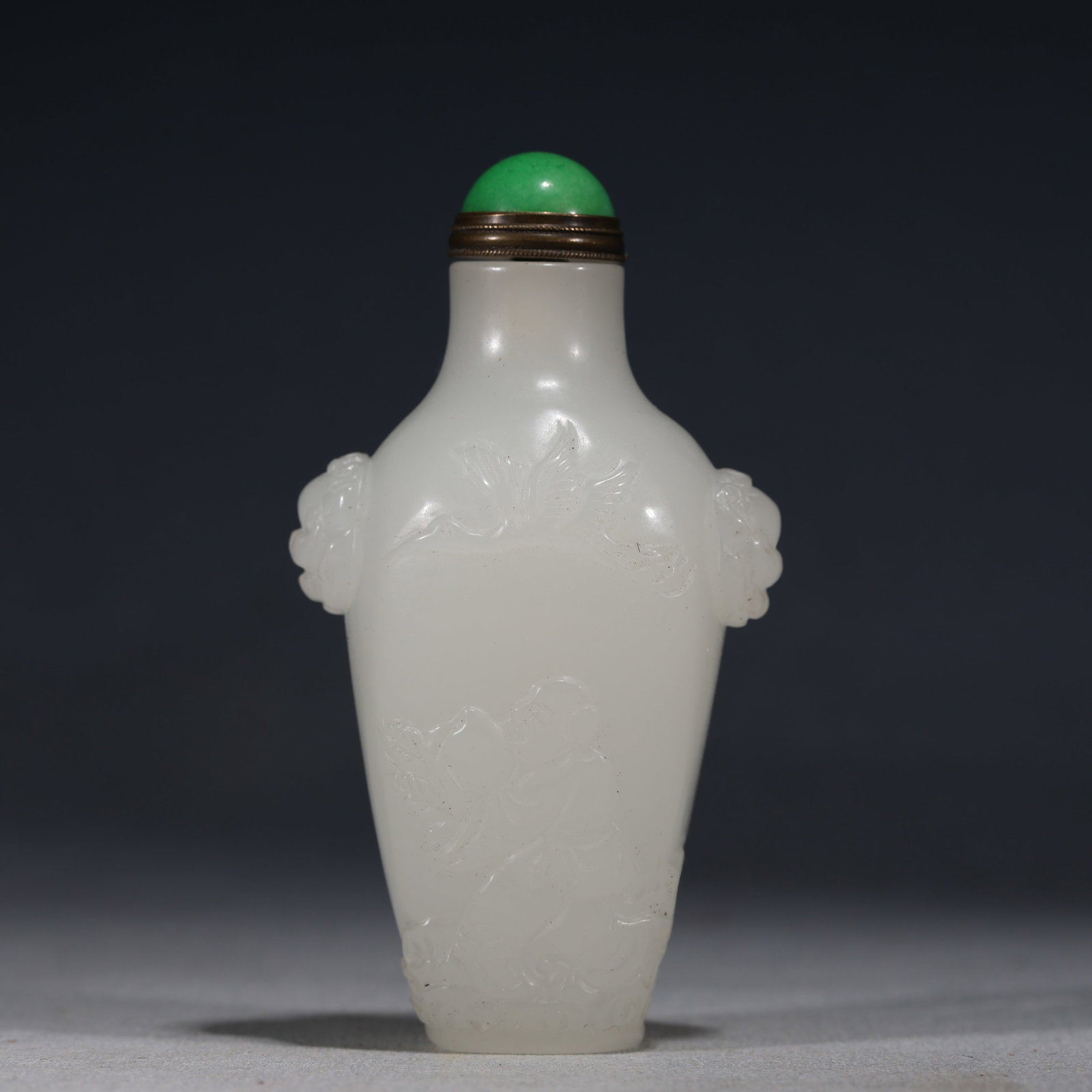 An Exquisite White Glass Two-Eared Snuff Bottle With Figure Pattern: An Exquisite White Glass Two-Eared Snuff Bottle With Figure Pattern,China,Qing Dynasty,Four-Character Qianlong Mark,Dimensions:3.5inx2in,白琉璃人物纹双耳