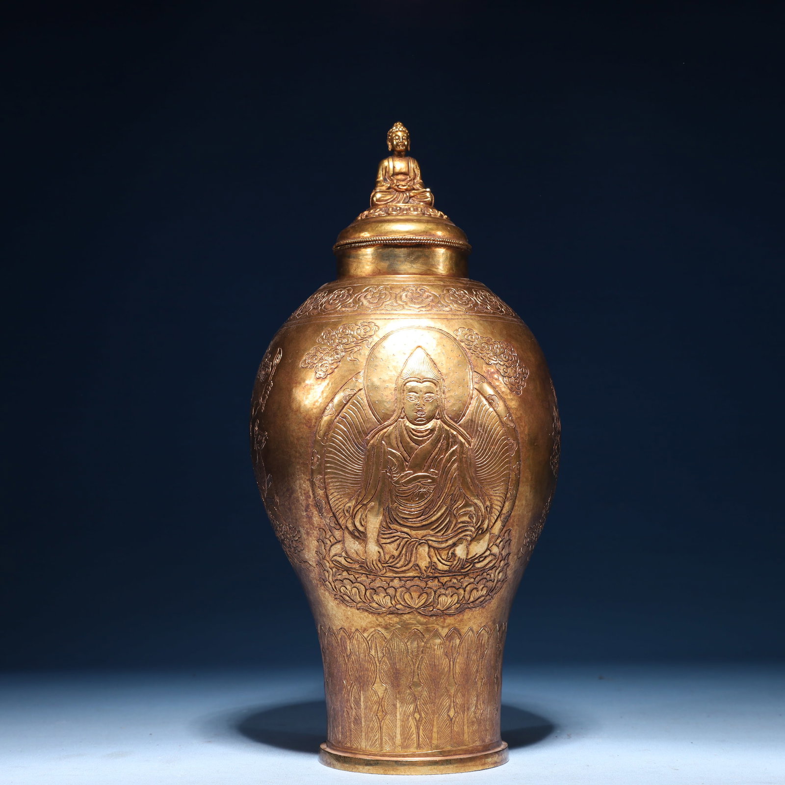 An Exquisite Gilt Bronze Buddha Statue Vase: An Exquisite Gilt Bronze Buddha Statue Vase