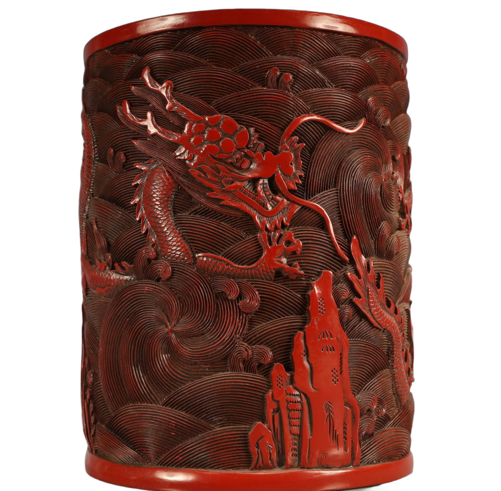 An Exquisite Carved Red Lacquer Seawater and Dragon Pattern Brush Pot,Qing Dynasty, China,Qianlong: An Exquisite Carved Red Lacquer Seawater and Dragon Pattern Brush Pot,Qing Dynasty, China,Qianlong Six-character Mark