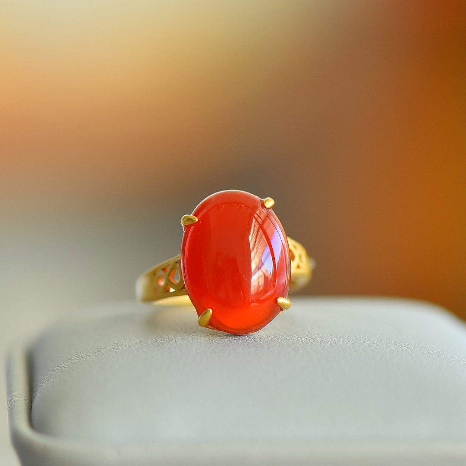 An Exquisite Sterling Silver-Gold Plated Inlaid Red Agate Ring (1 of 5)
