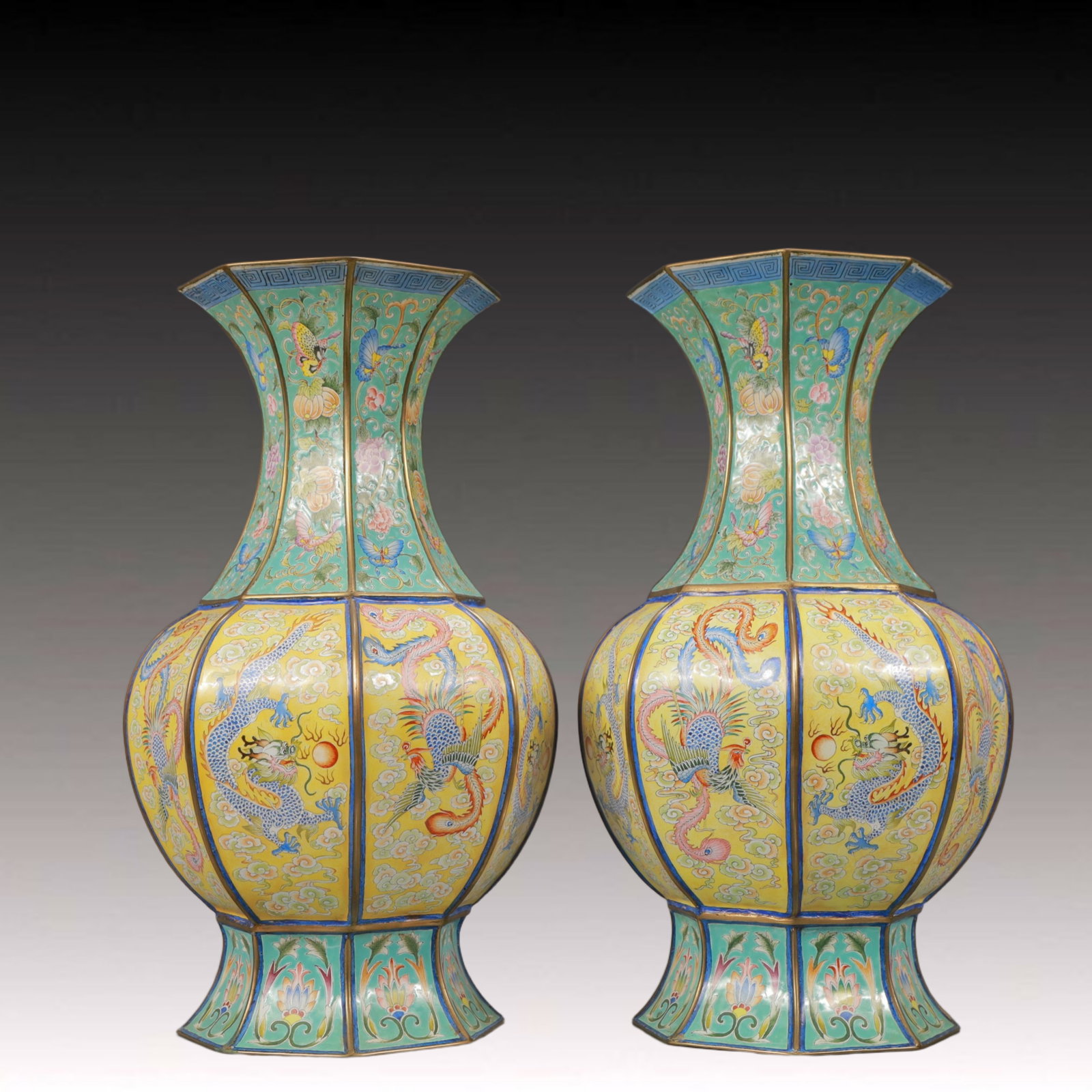 A Pair of Rare Painted Enamel Dragon and Phoenix Pattern Vases: A Pair of Rare Painted Enamel Dragon and Phoenix Pattern Vases
