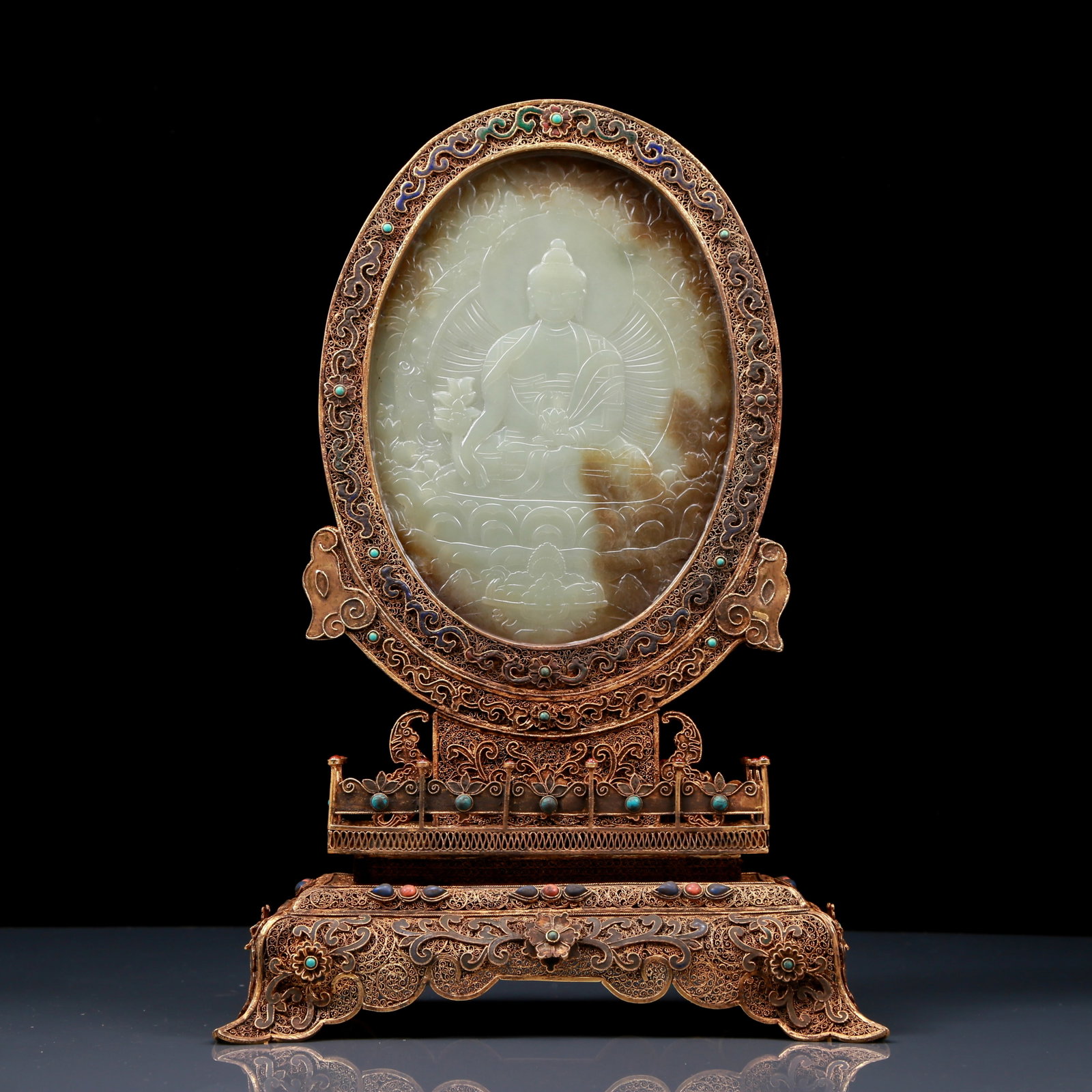 An Exquisite Gilt-Bronze Inlaid White Jade Buddha Table Screen (1 of 9)