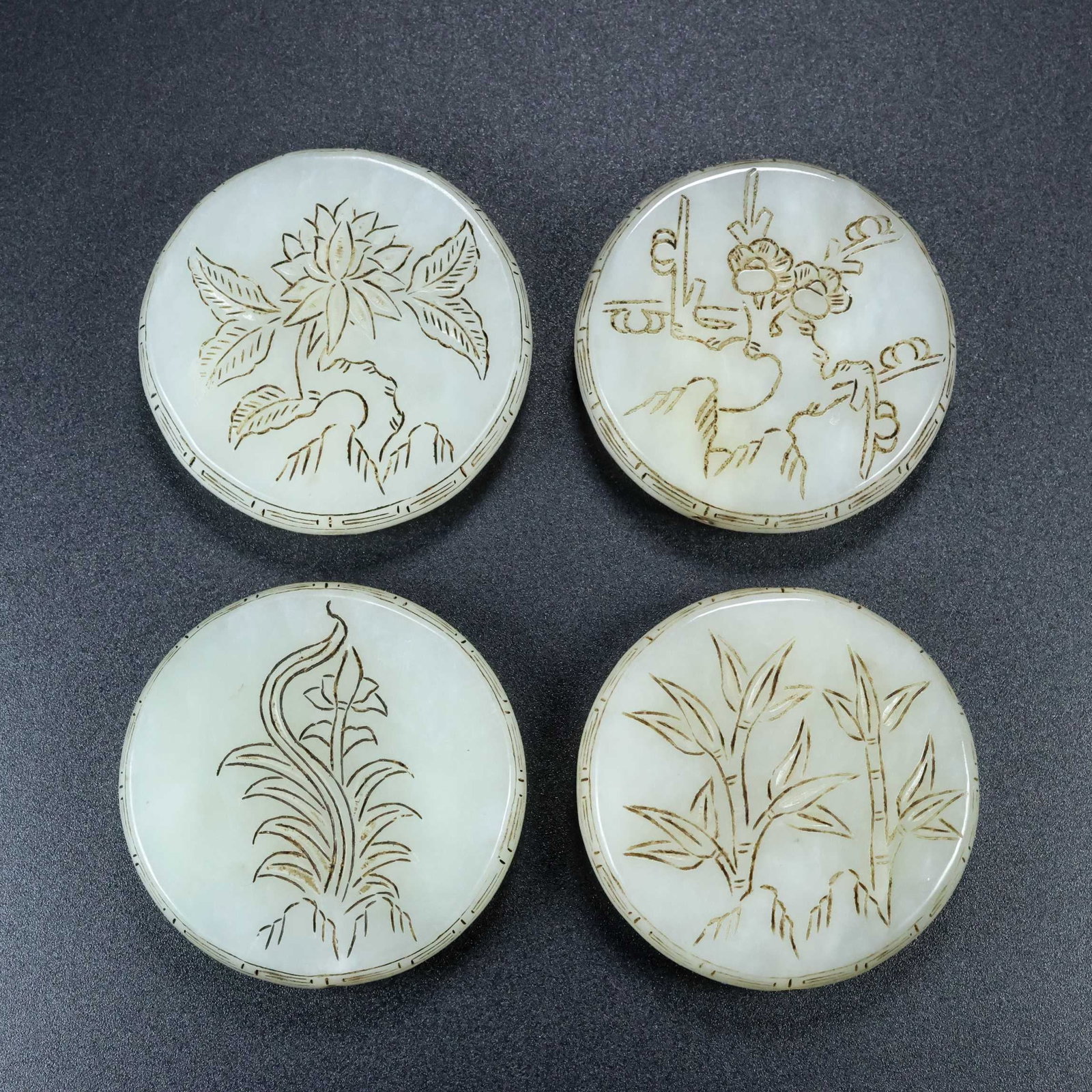 A Set of Fine White Jade Plum Blossom,Orchid,Bamboo and Chrysanthemum Pattern Pendants,with Poem: A Set of Fine White Jade Plum Blossom,Orchid,Bamboo and Chrysanthemum Pattern Pendants,with Poem