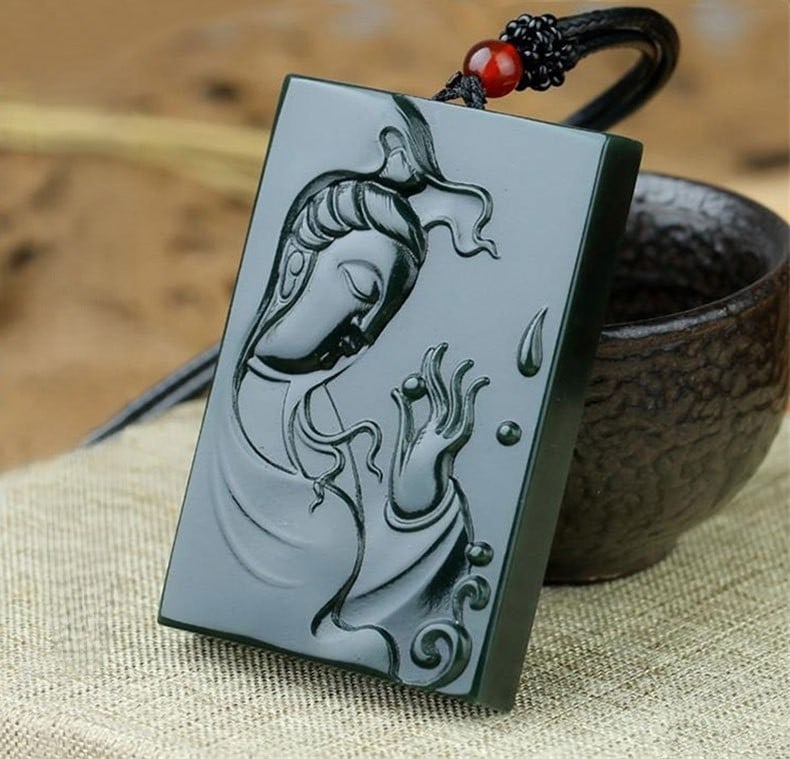 An Exquisite Cyan jade Statue of Avalokitesvara Pendant