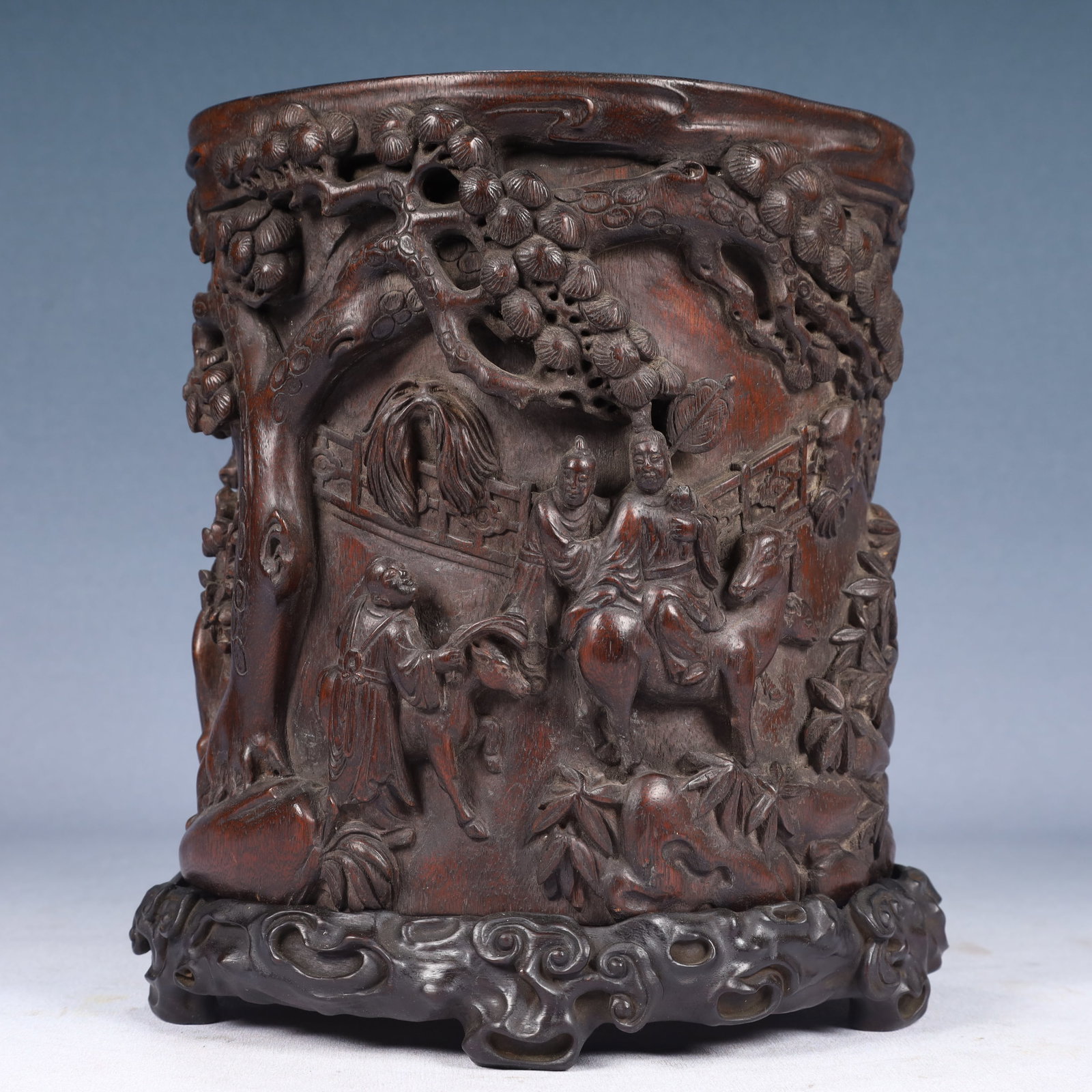 An Exquisite Redwood Landscape and Figure Pattern Brush Pot,With Poem,With Base: An Exquisite Redwood Landscape and Figure Pattern Brush Pot,With Poem,With Base