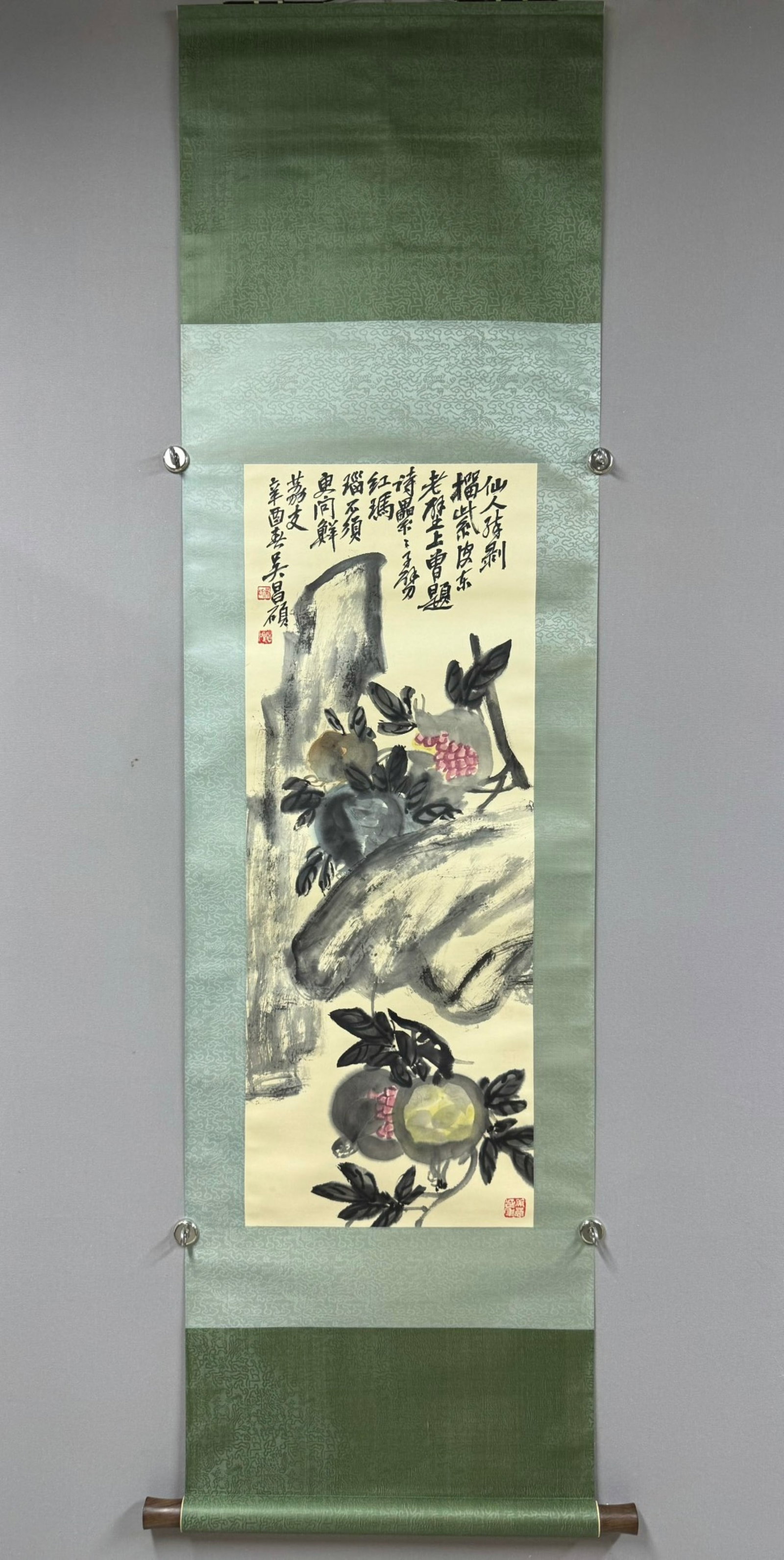 A Chinese Vertical Scroll Ink Painting of Pomegranate on Paper: A Chinese Vertical Scroll Ink Painting of Pomegranate on Paper