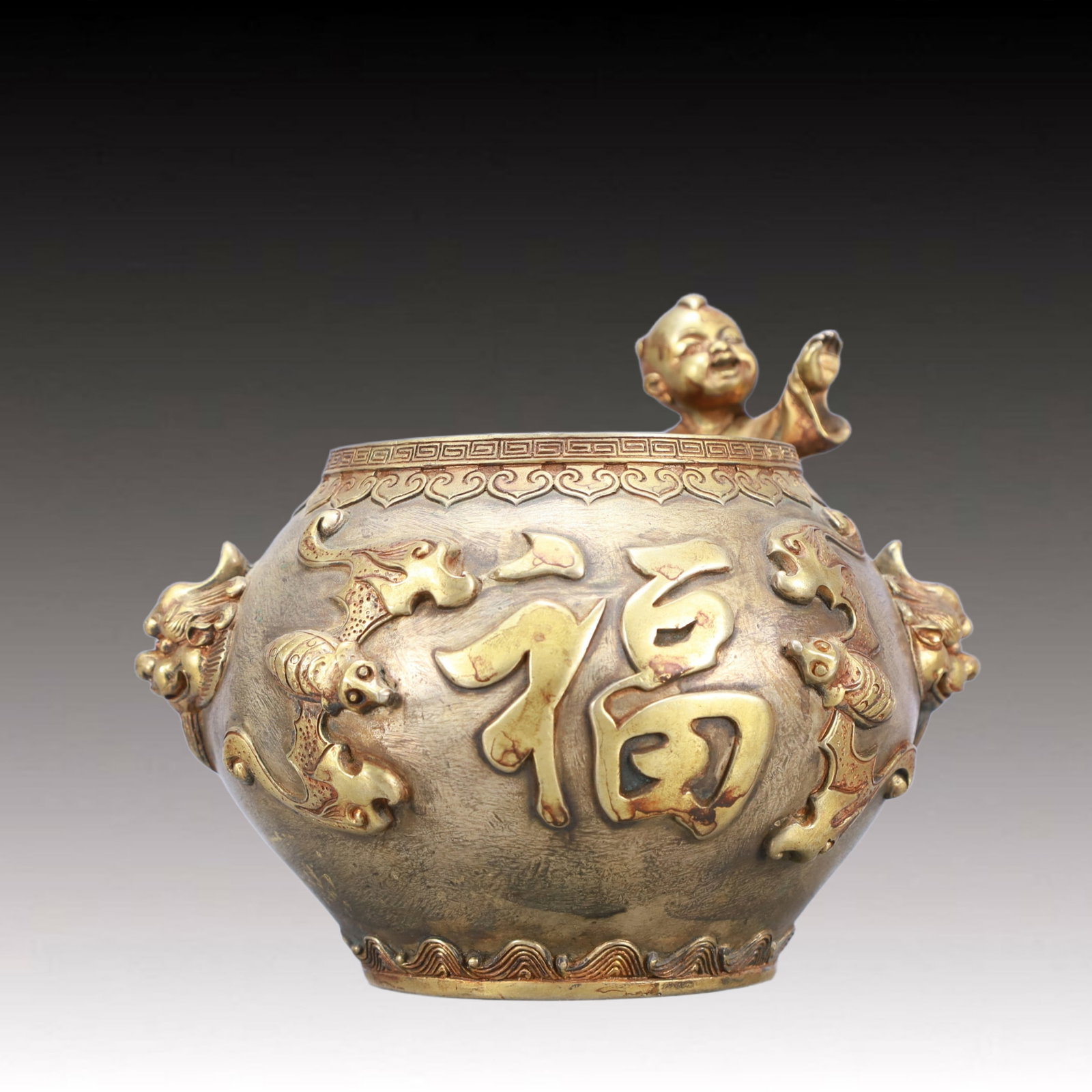 A Rare Gilt Silver Bats and Peach Pattern Beast-Ears Censer: A Rare Gilt Silver Bats and Peach Pattern Beast-Ears Censer