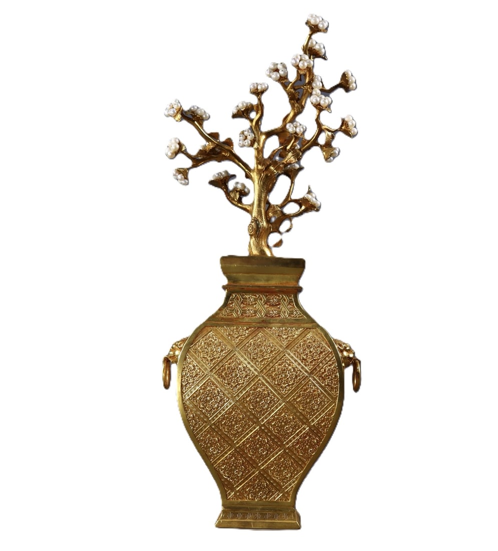 An Exquisite Gilt Bronze Flower Pattern Double-Ears Ornament,Inlaid Pearl