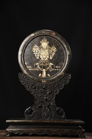An Exquisite Carved Lacquer Painted Gold Statue of Avalokitesvara Table Screen