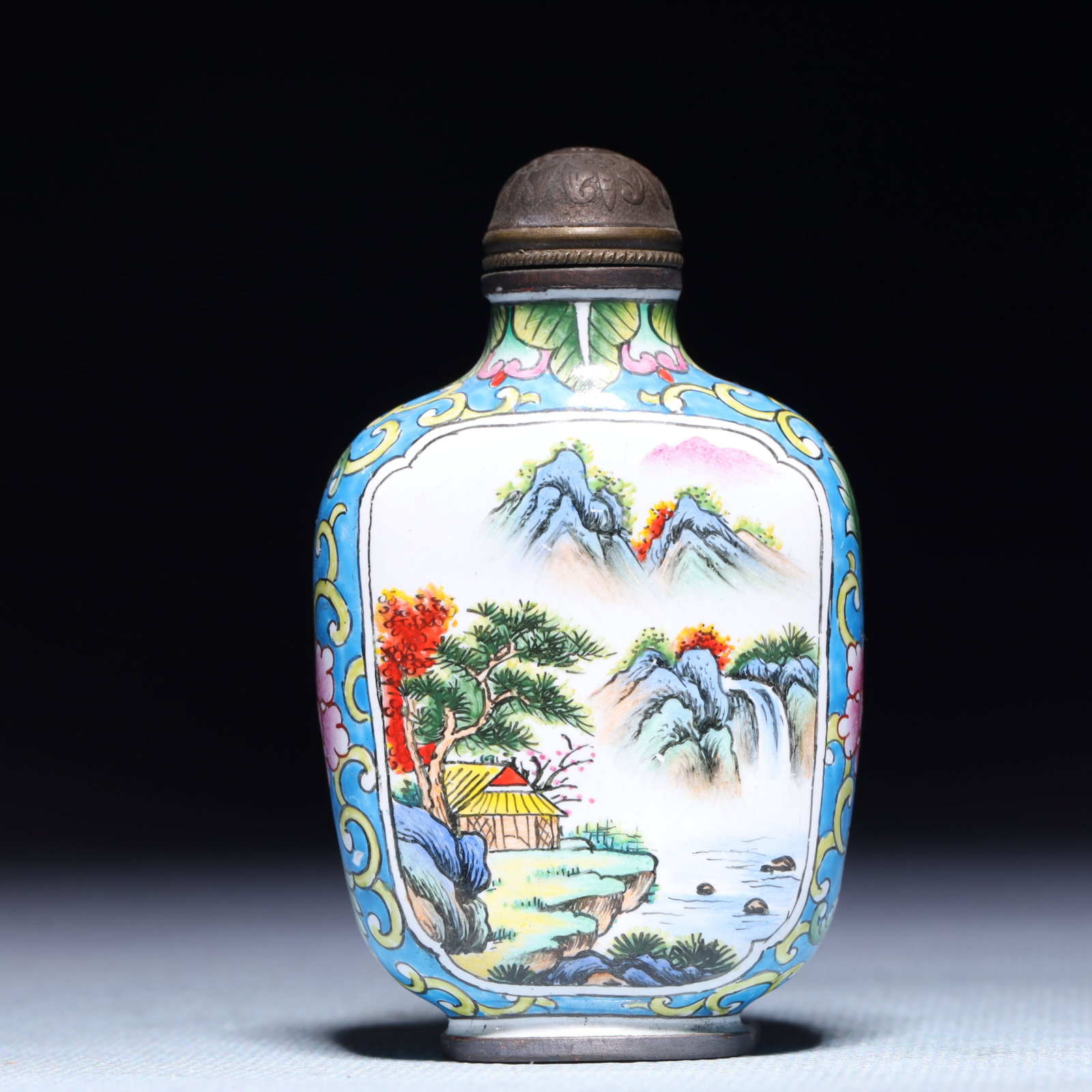 An Exquisite Painted Enamel Landscape and Figure Pattern Snuff Bottle: An Exquisite Painted Enamel Landscape and Figure Pattern Snuff Bottle