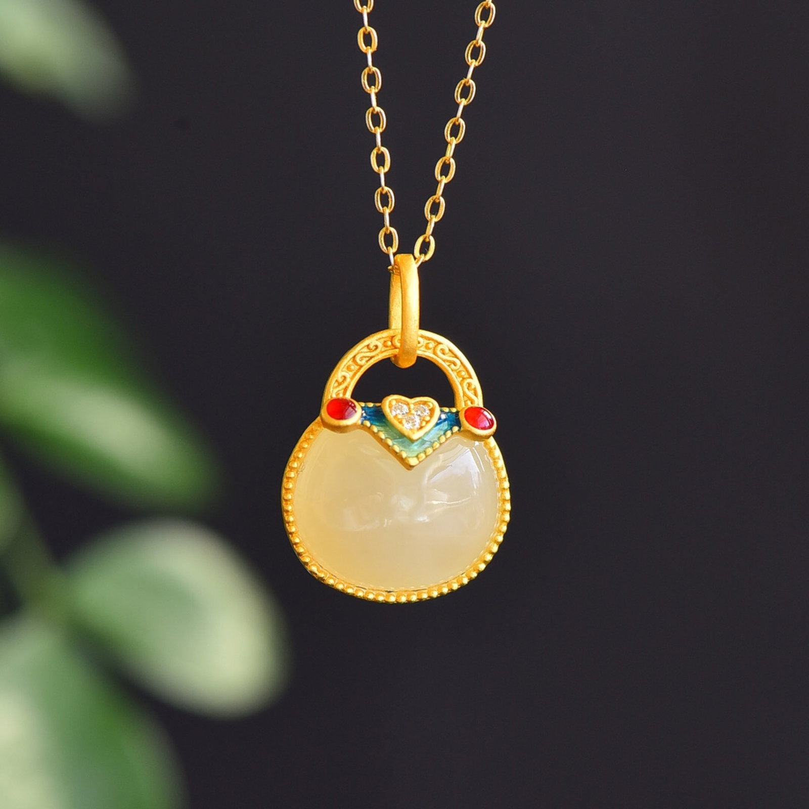 An Exquisite Sterling Silver-Gold Plated Inlaid White Jade Enamel Pendant: An Exquisite Sterling Silver-Gold Plated Inlaid White Jade Enamel Pendant