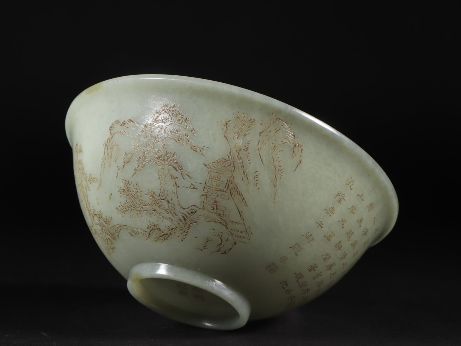 An Exquisite White Jade Landscape and Figure Pattern Bowl,with poem: An Exquisite White Jade Landscape and Figure Pattern Bowl,with poem