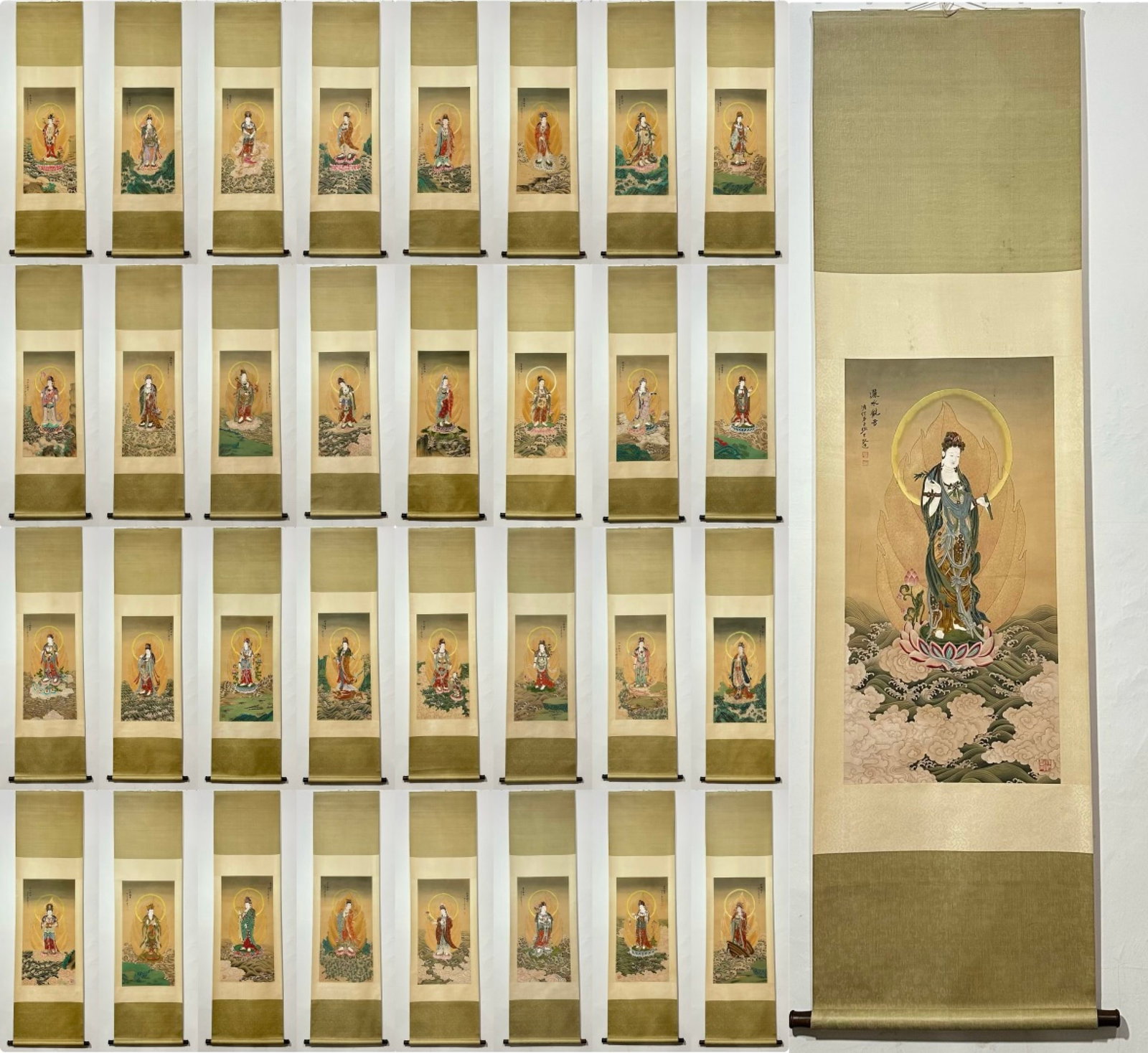 A Set of Chinese Vertical Scroll Ink Statue of Avalokitesvara on Silk: A Set of Chinese Vertical Scroll Ink Statue of Avalokitesvara on Silk