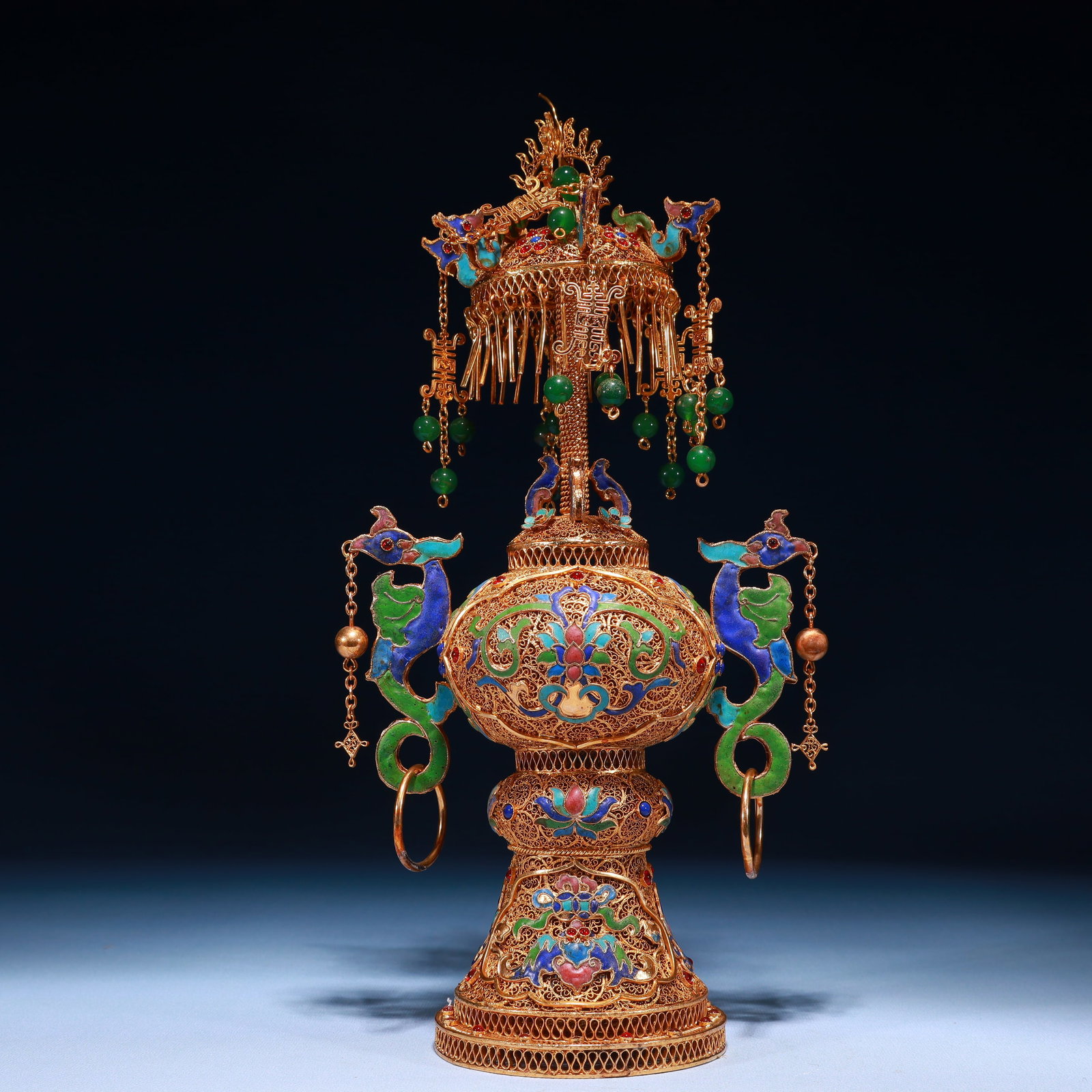 An Exquisite Filigree and Gilding Lotus Pattern Double-Ears Ornament,Inlaid Gems: An Exquisite Filigree and Gilding Lotus Pattern Double-Ears Ornament,Inlaid Gems