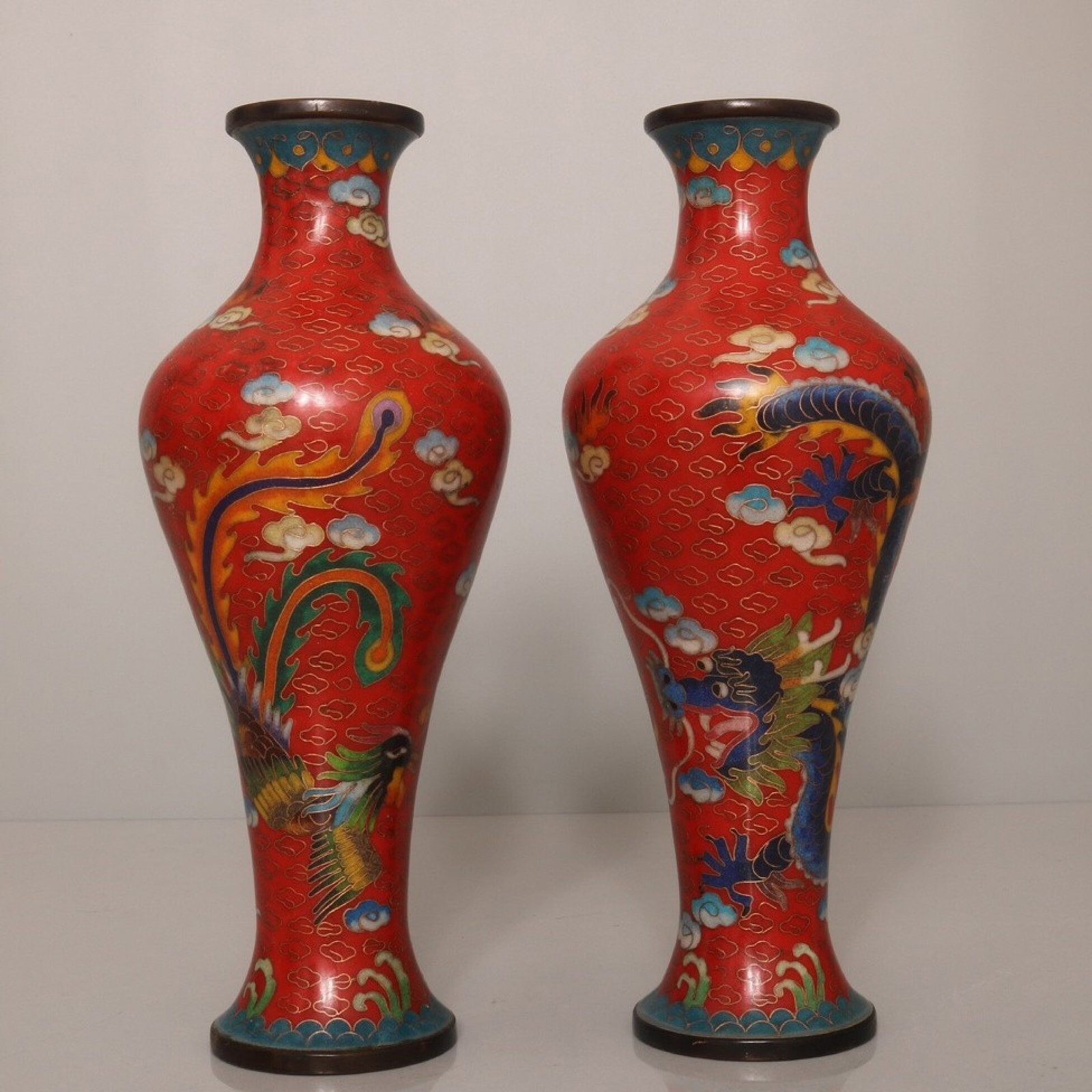 A Pair of Exquisite Cloisonne Dragon and Phoenix Pattern Vases (1 of 9)