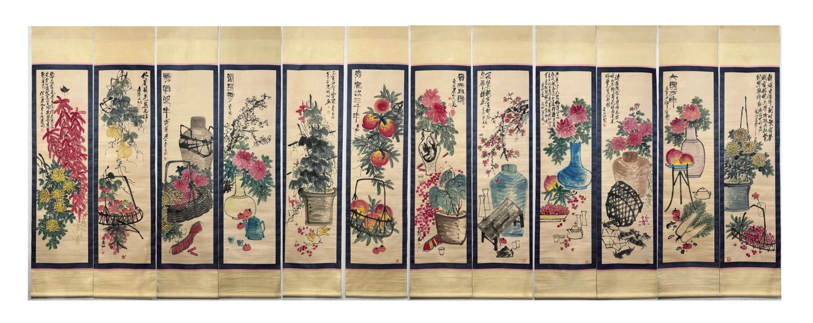 A Set of Chinese Vertical Scroll Ink Painting of Flower on Paper: A Set of Chinese Vertical Scroll Ink Painting of Flower on Paper