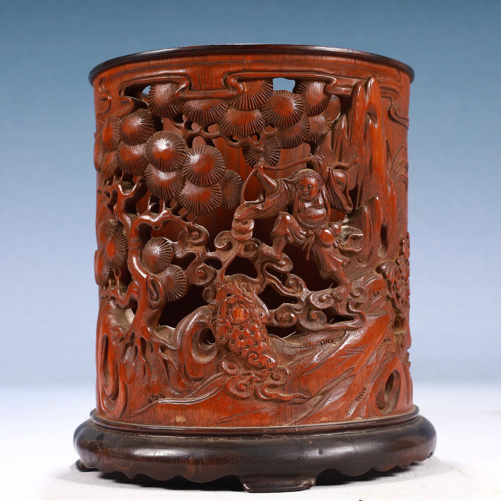 An Exquisite Bamboo Landscape and Figure Pattern Brush Pot,With Poem: An Exquisite Bamboo Landscape and Figure Pattern Brush Pot,With Poem