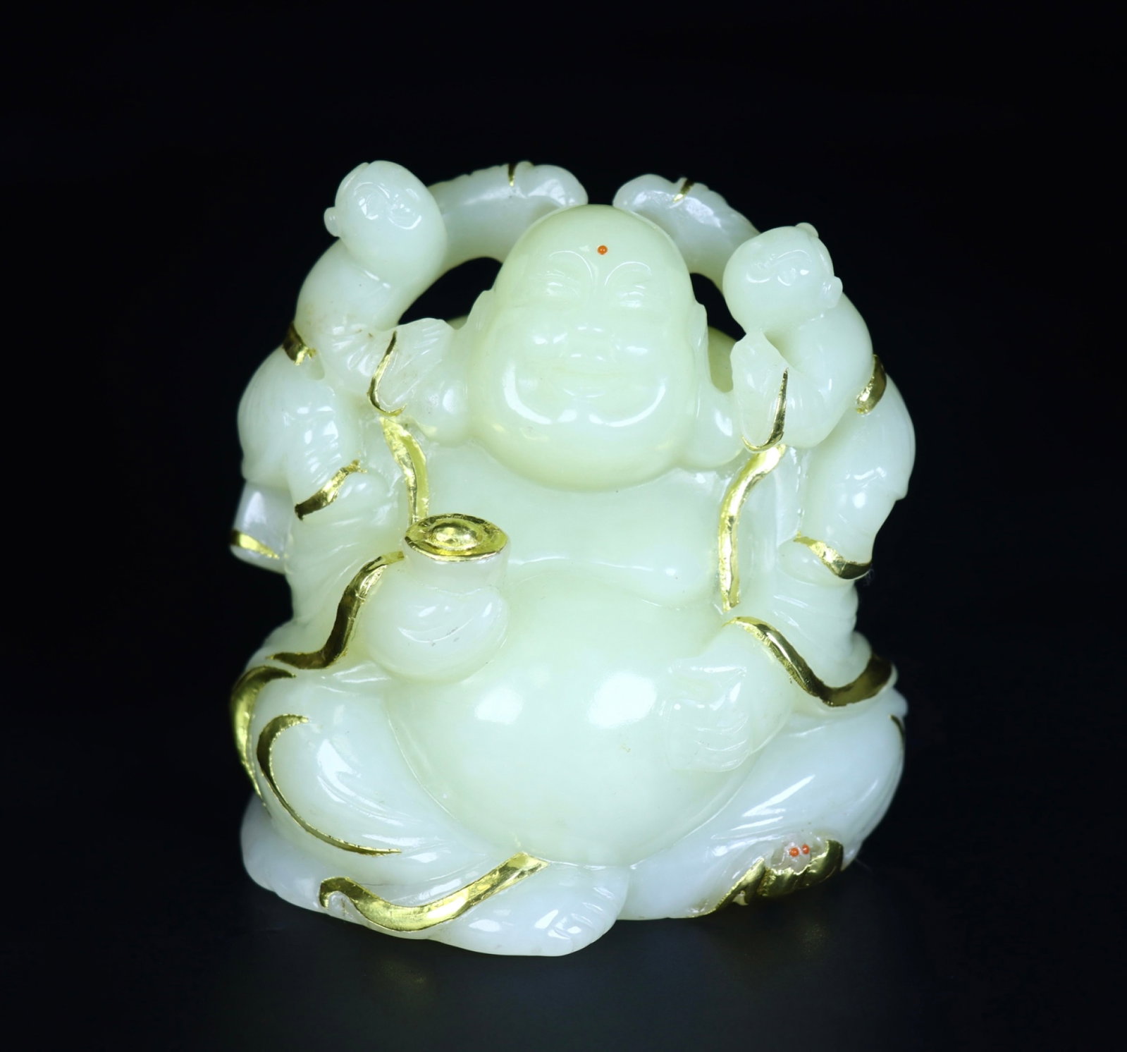 An Exquisite White Jade Cover with Gold Statue of Maitreya Buddha (1 of 9)