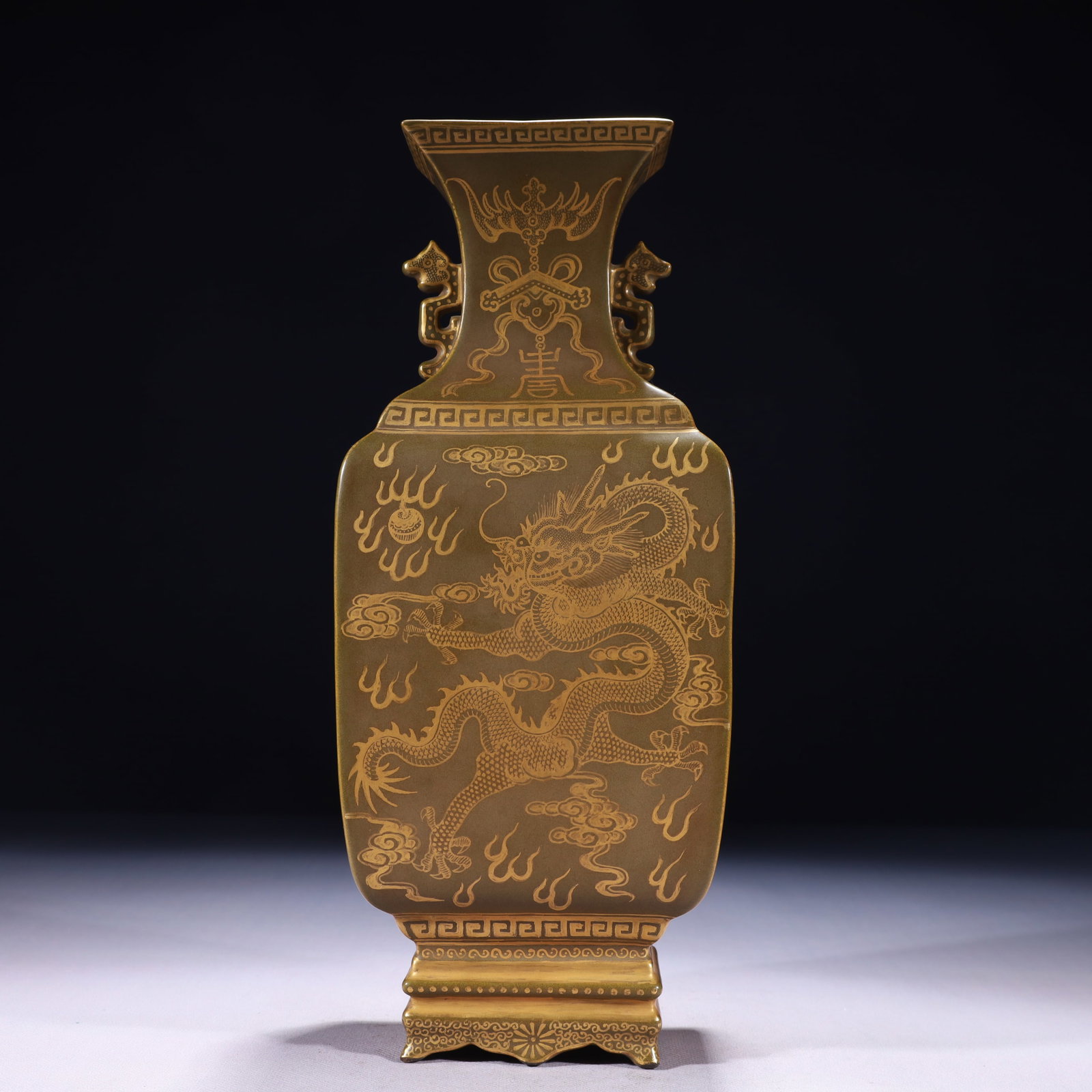 An Exquisite Teadust Glazed Painted Gold Dragon and Phoenix Pattern Double-Ears Vase: An Exquisite Teadust Glazed Painted Gold Dragon and Phoenix Pattern Double-Ears Vase
