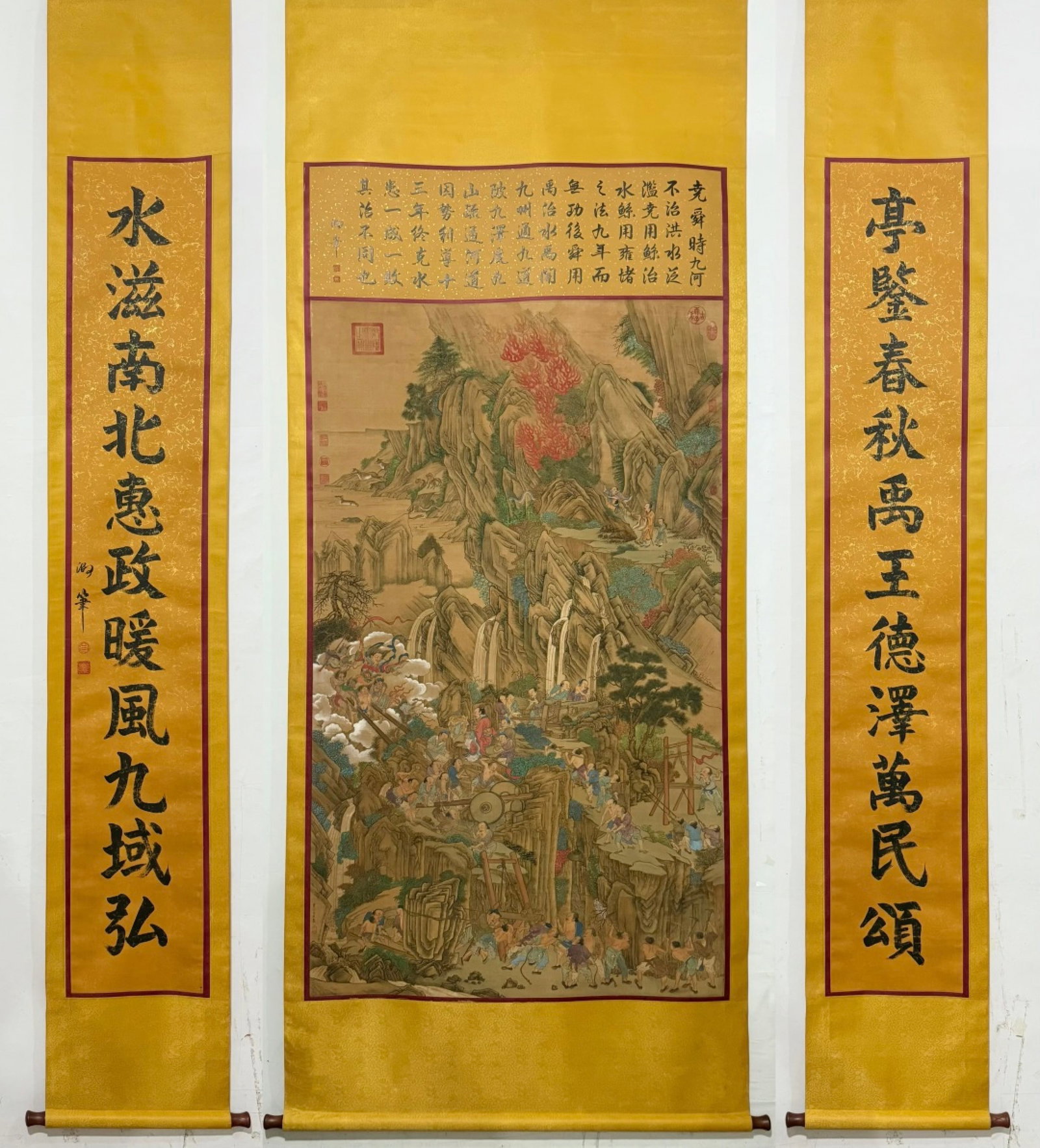 A Set of Chinese Vertical Scroll Ink Painting of Landscape and Figure on Silk: A Set of Chinese Vertical Scroll Ink Painting of Landscape and Figure on Silk