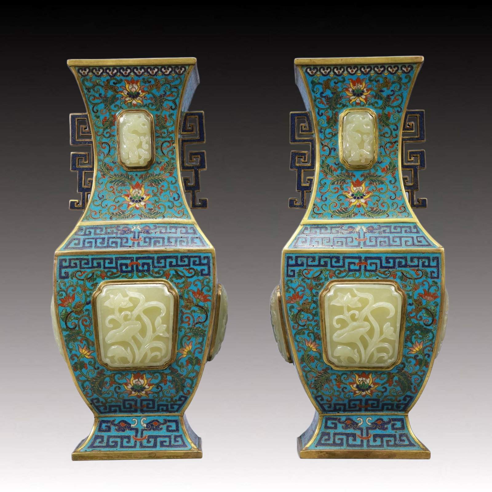 A Pair of Exquisite Cloisonne Inlaid White Jade Lotus Pattern Double-Ears Vases: A Pair of Exquisite Cloisonne Inlaid White Jade Lotus Pattern Double-Ears Vases