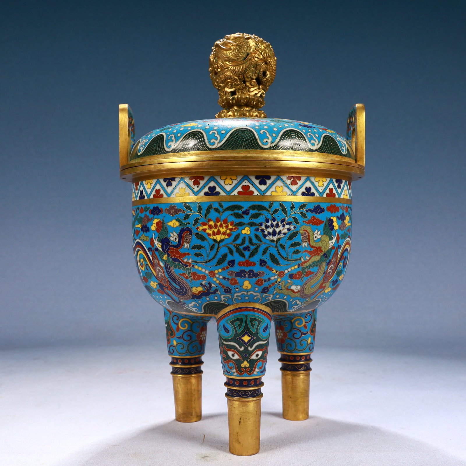 A Rare Cloisonne Auspicious Cloud and Dragon Pattern Double-Ears and Tripod Censer