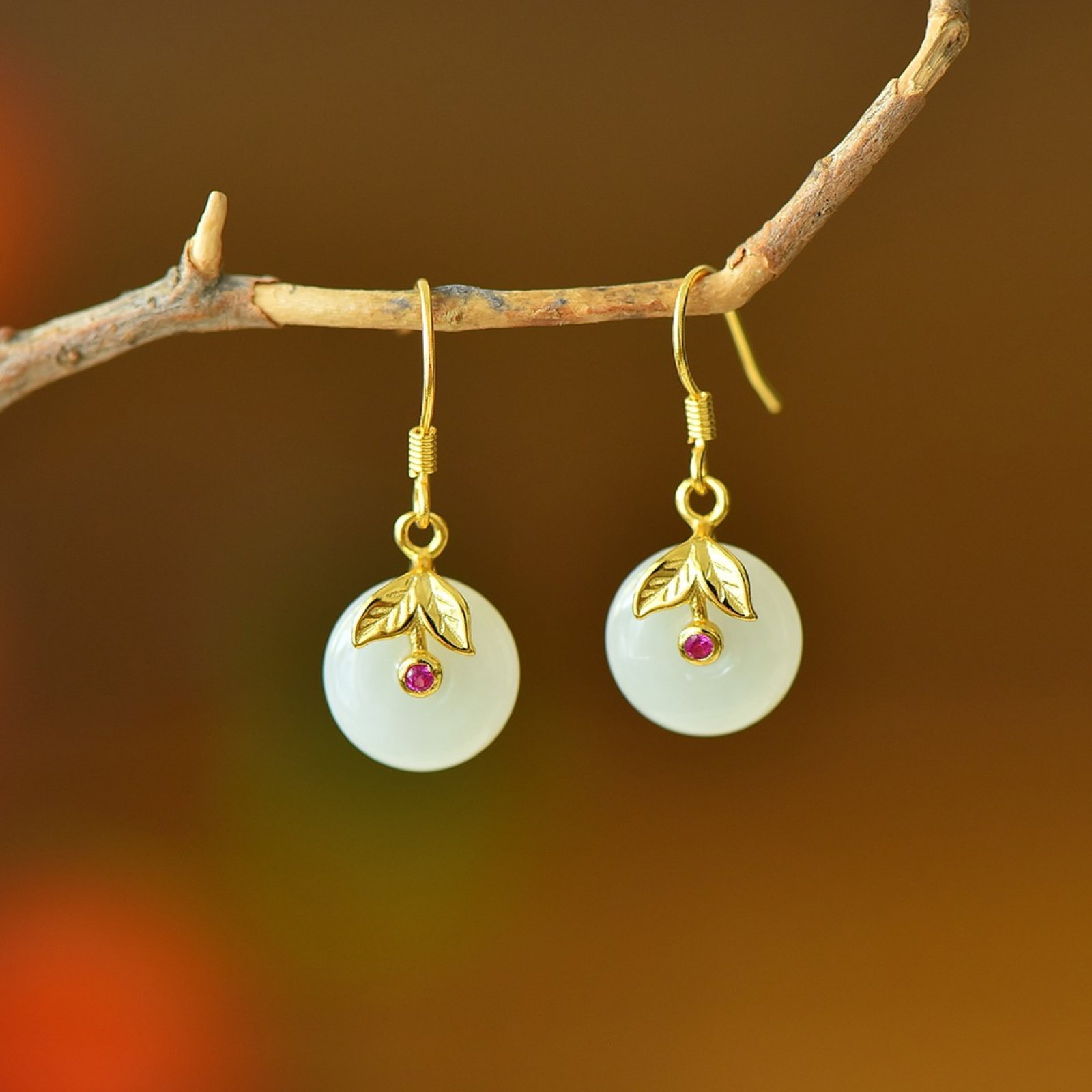 A Pair of Exquisite Sterling Silver-Gold Plated Inlaid White Jade Earrings (1 of 5)