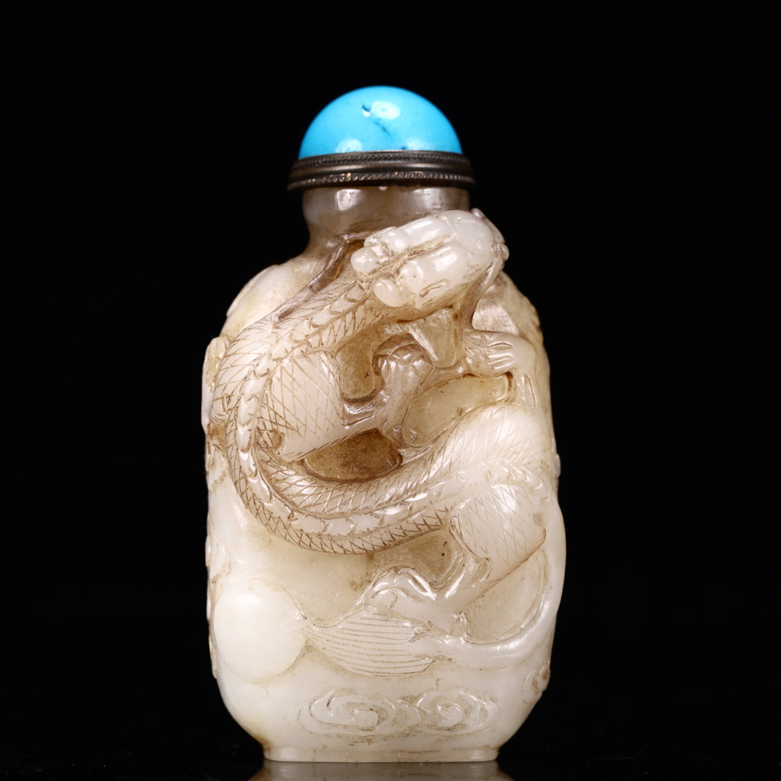 An Exquisite White Jade Auspicious Cloud and Dragon Pattern Snuff Bottle (1 of 6)