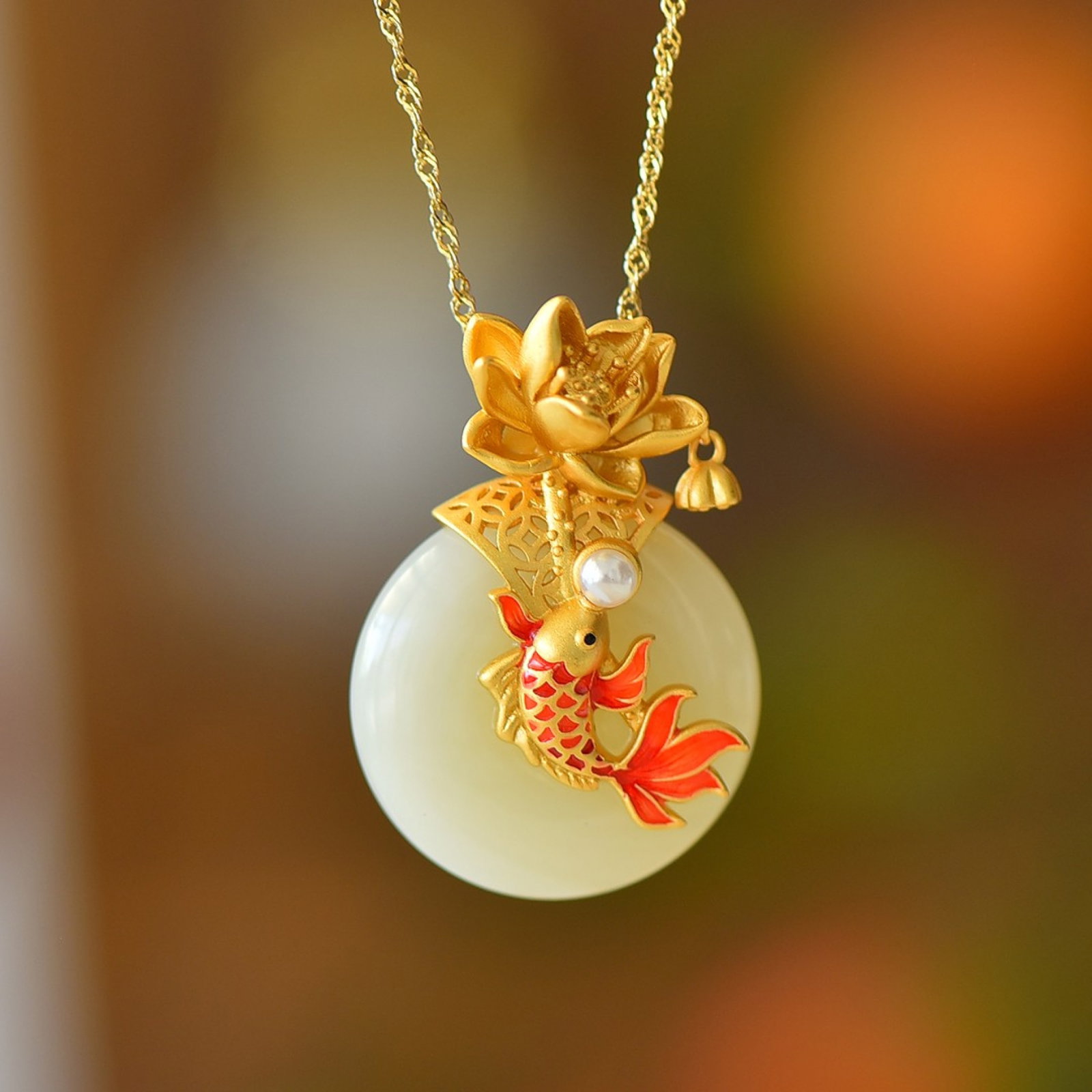 An Exquisite Sterling Silver-Gold Plated Inlaid White Jade Enamel Pendant (1 of 5)